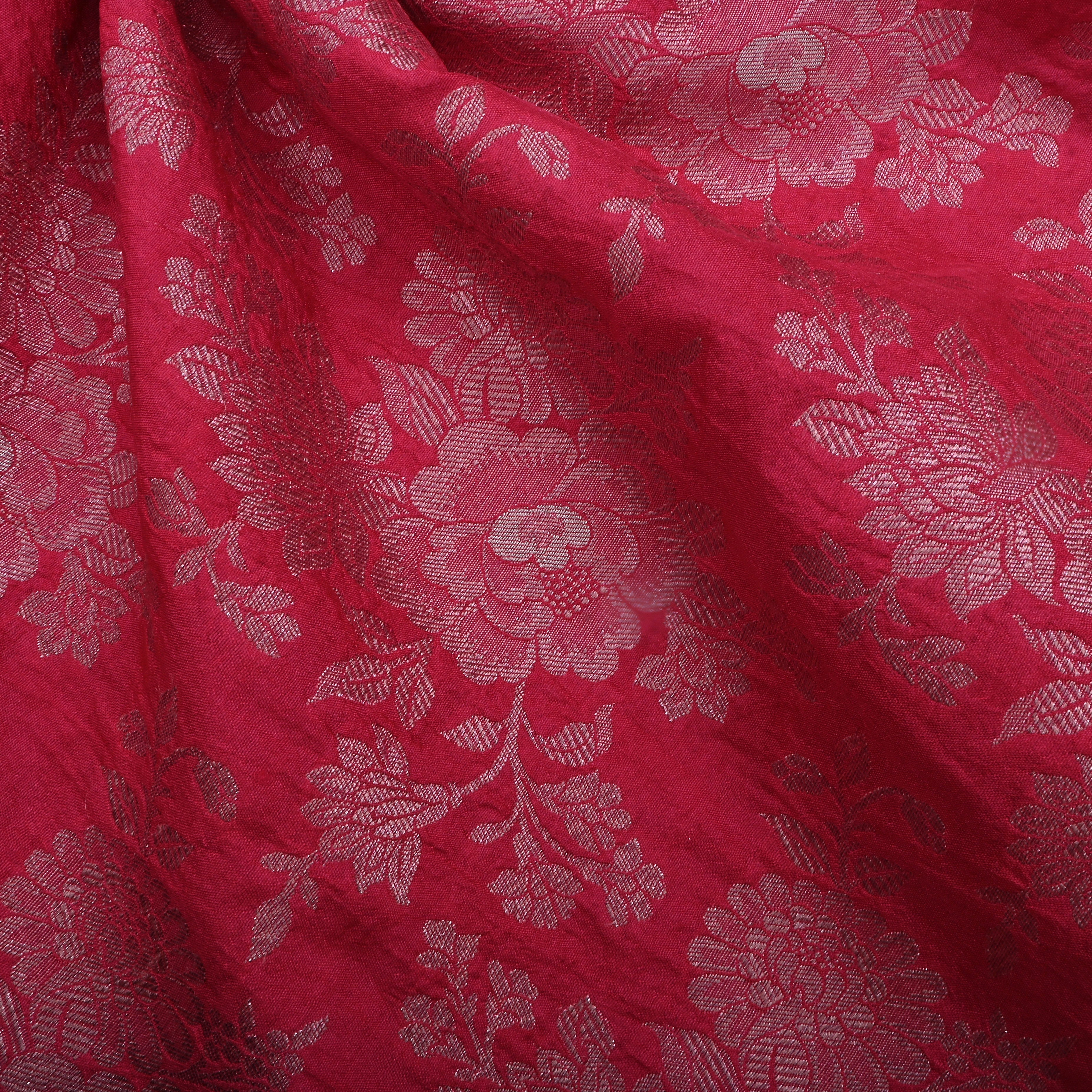 Deep Carmine Pinkish-Red Jamawar Silk Fabric With Floral Jaal