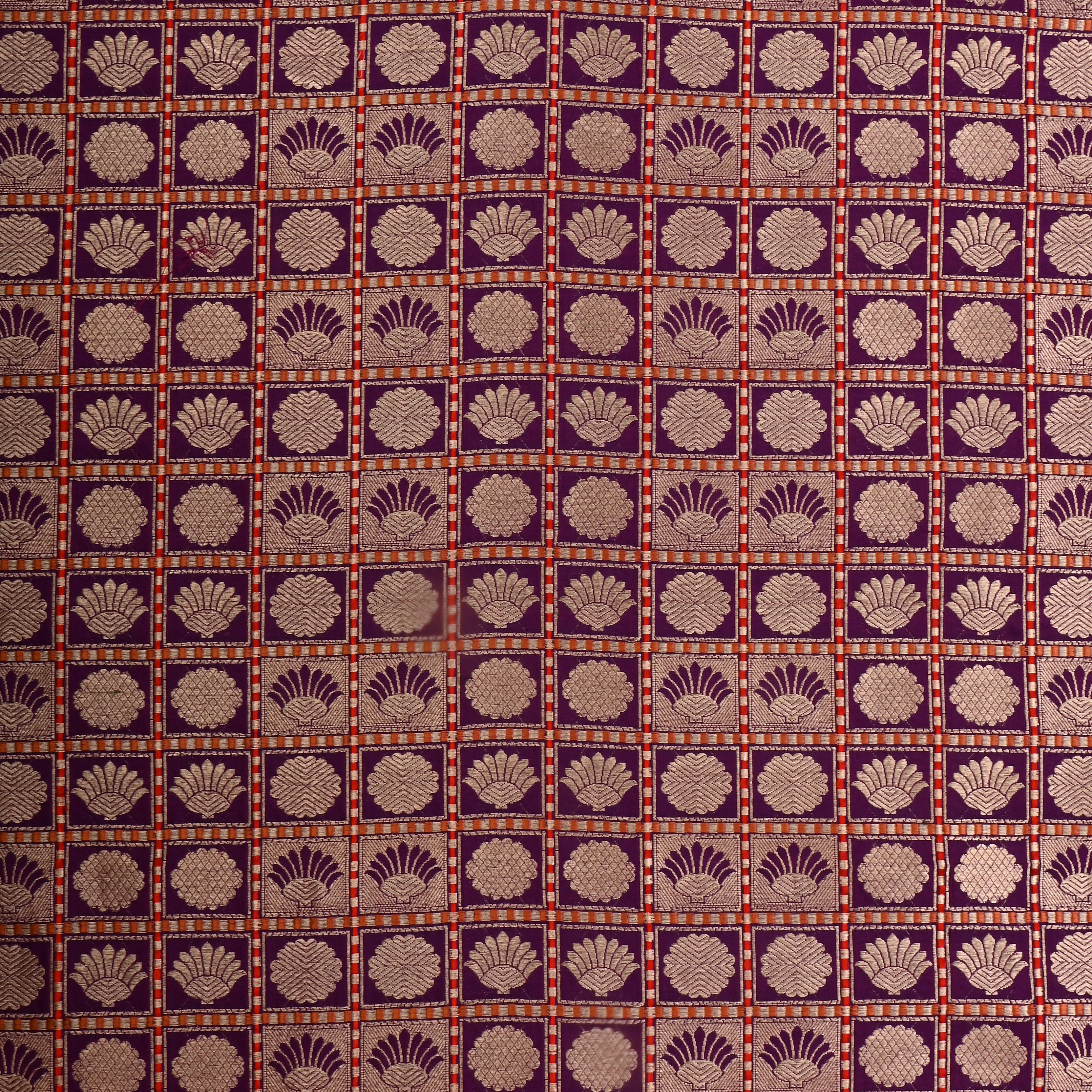 Very Dark Purple Jamawar Silk Fabric With Checks Pattern