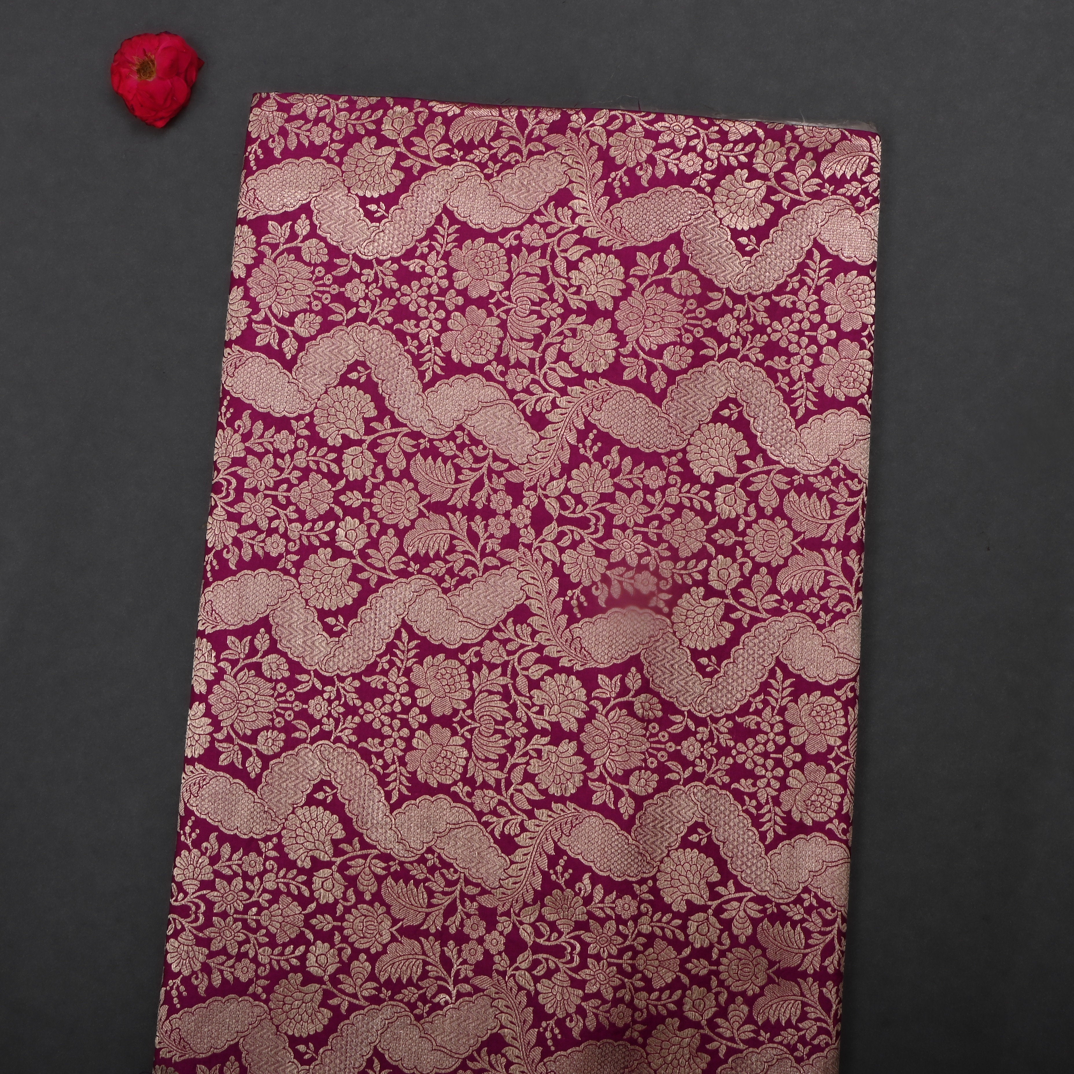 Black Rose Magenta Red Jamawar Silk Fabric With Floral Jaal