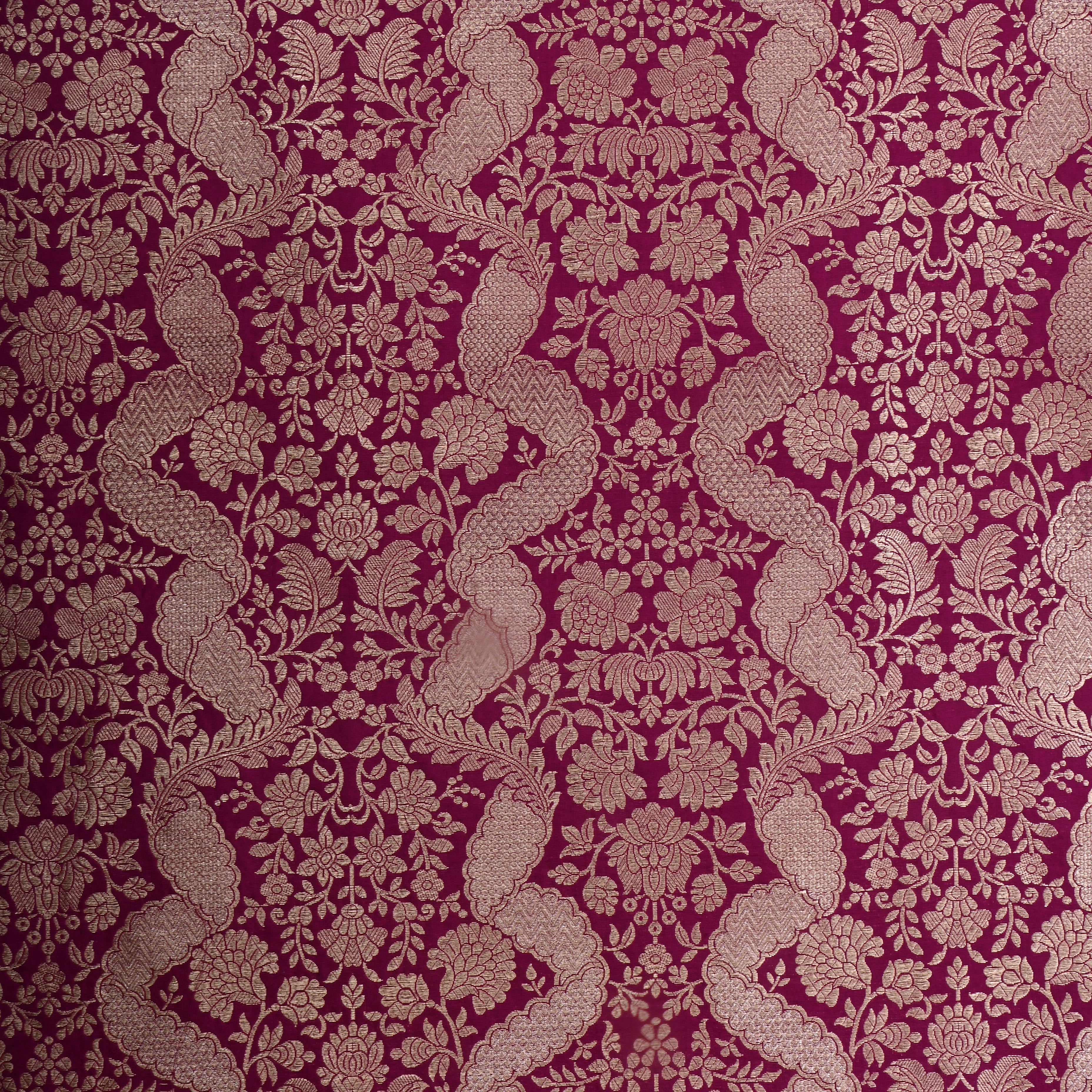 Black Rose Magenta Red Jamawar Silk Fabric With Floral Jaal