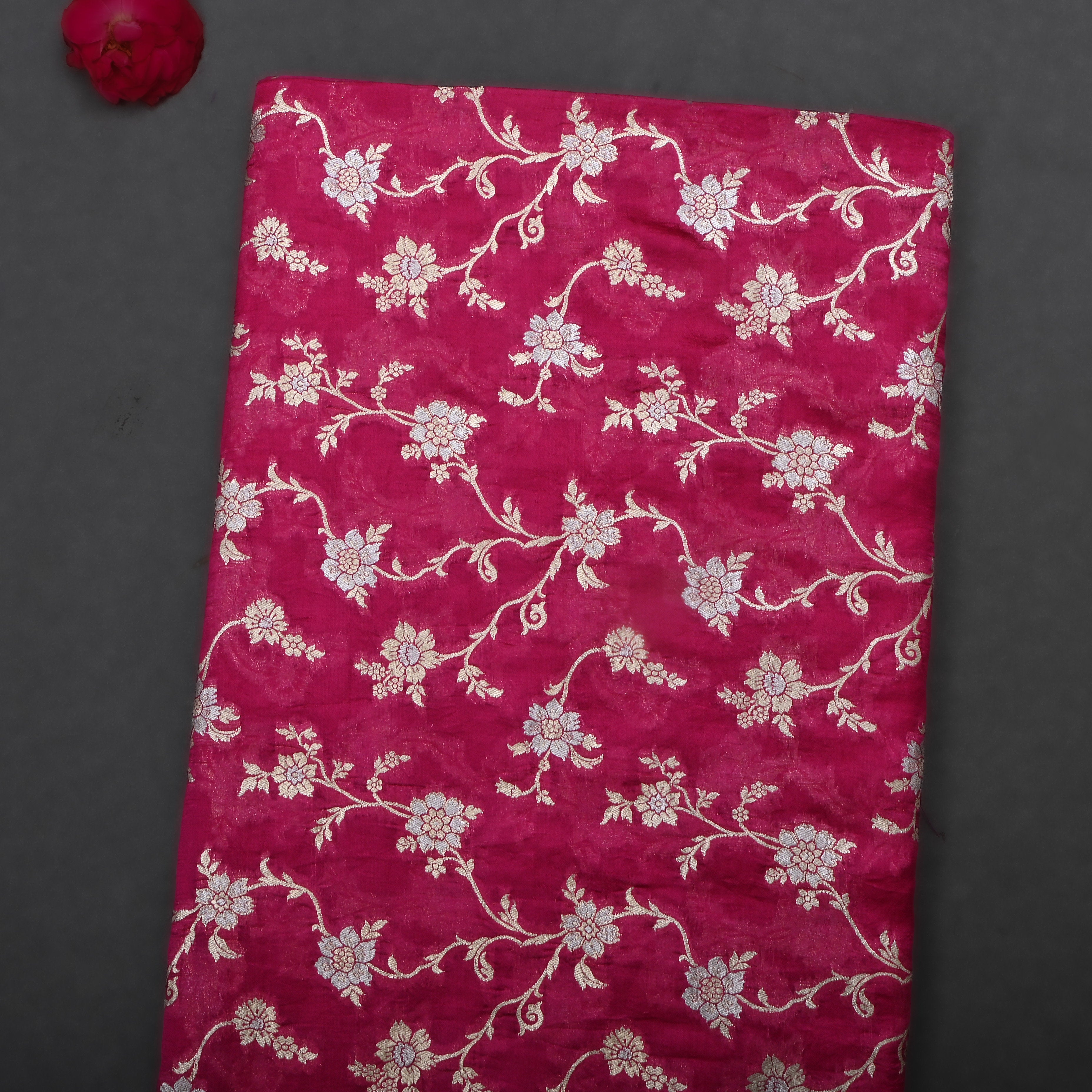 Purplish Red Jamawar Silk Fabric With Floral Jaal