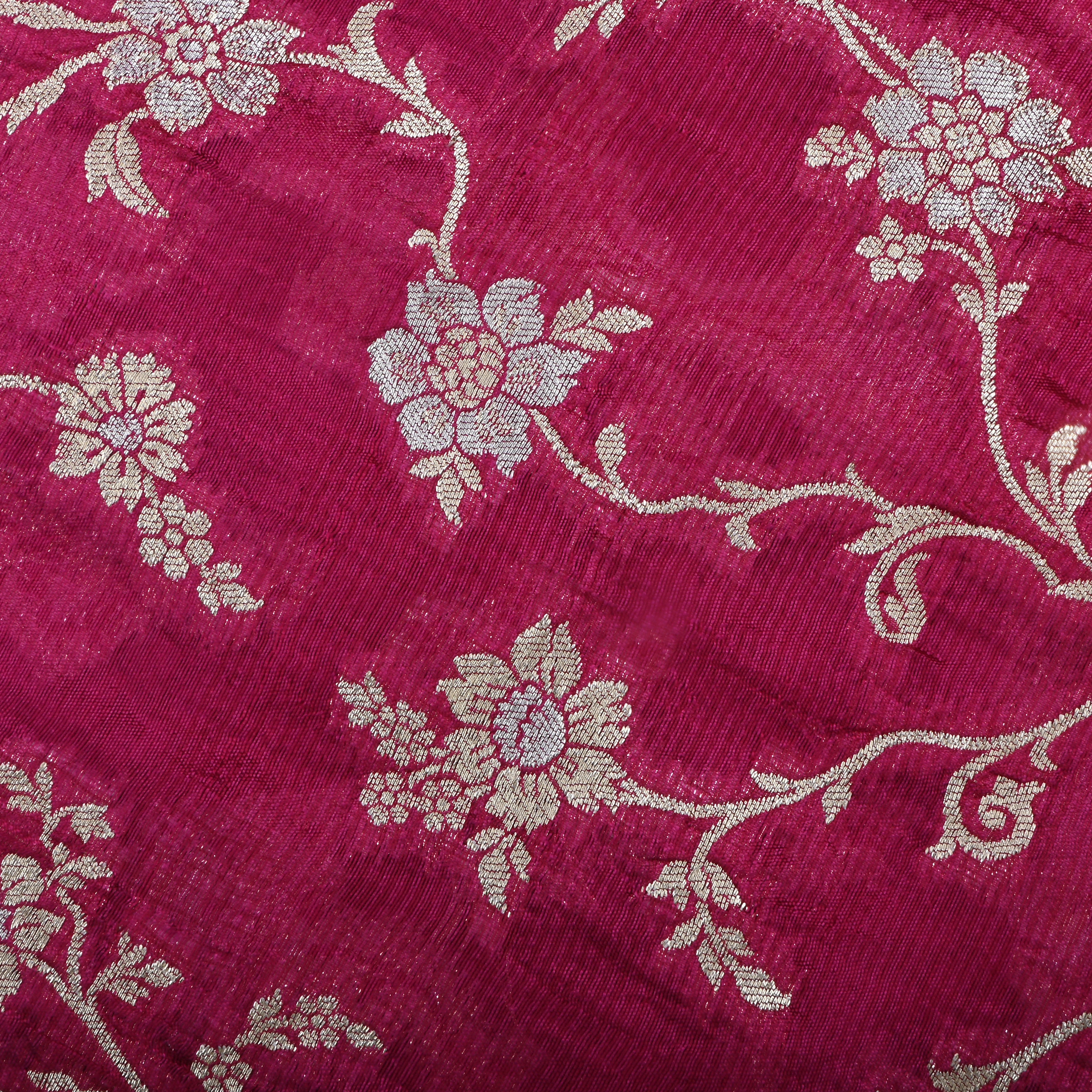 Purplish Red Jamawar Silk Fabric With Floral Jaal