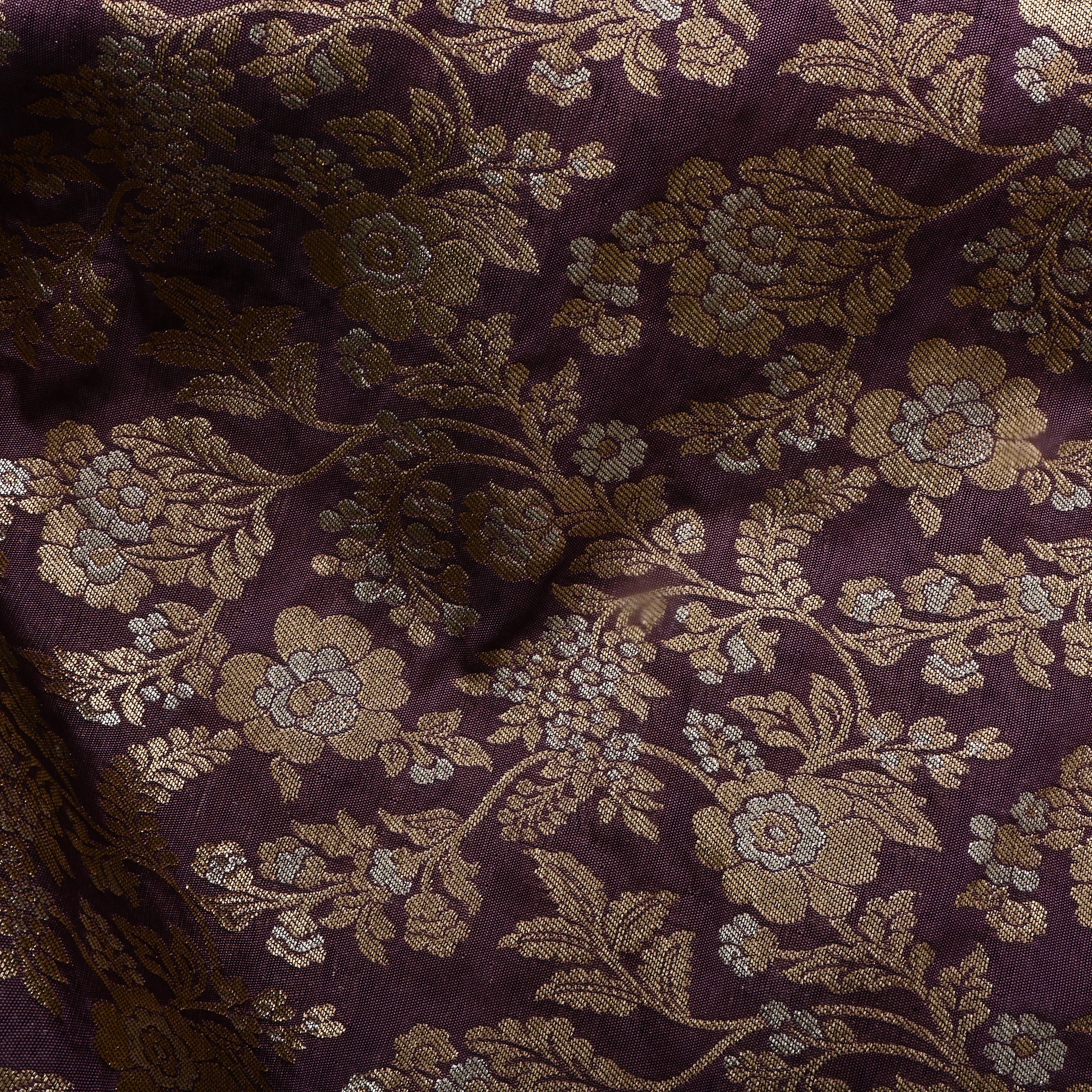 Dark Byzantium Magenta Jamawar Silk Fabric With Floral Jaal