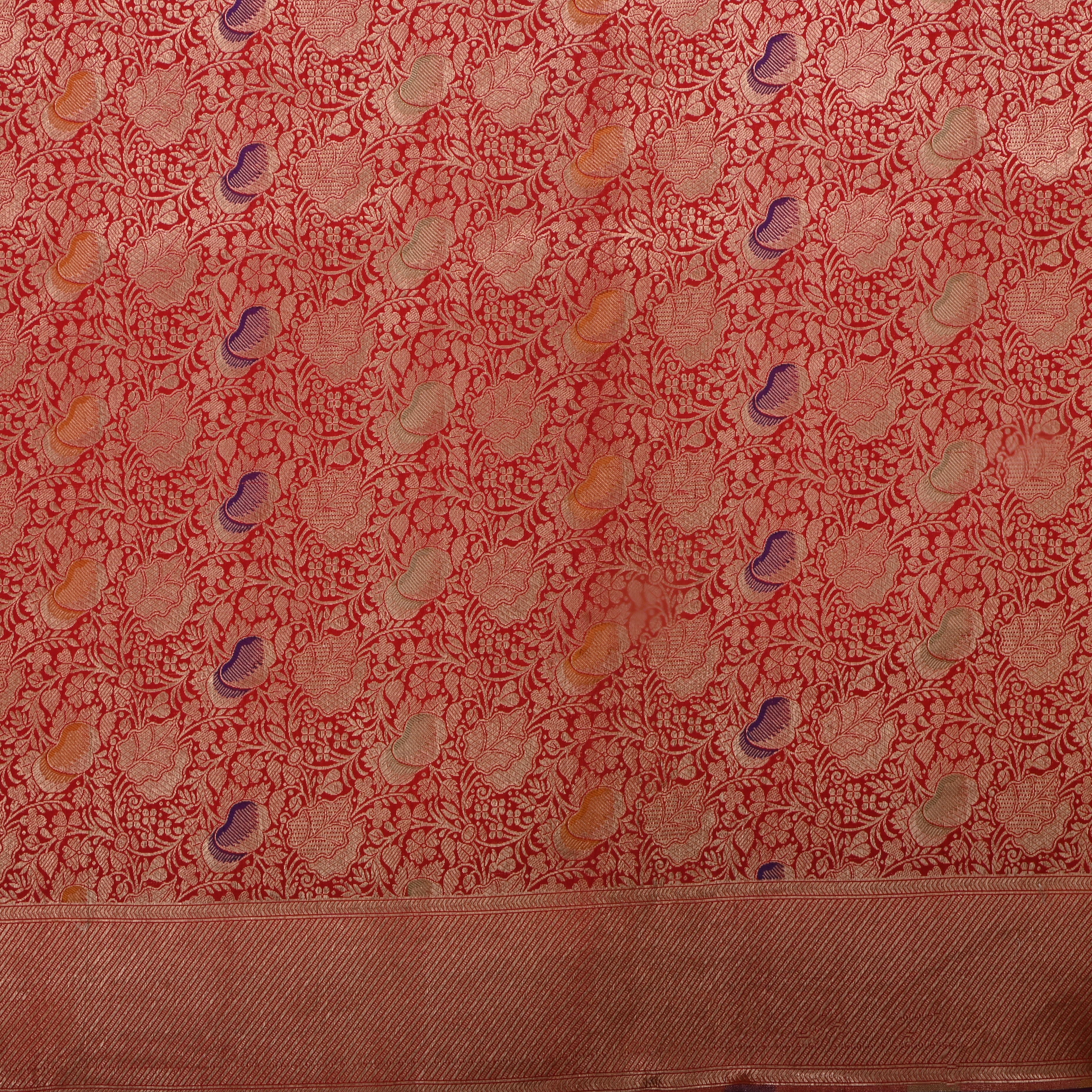 Red Jamawar Silk Fabric With Meenakari Design