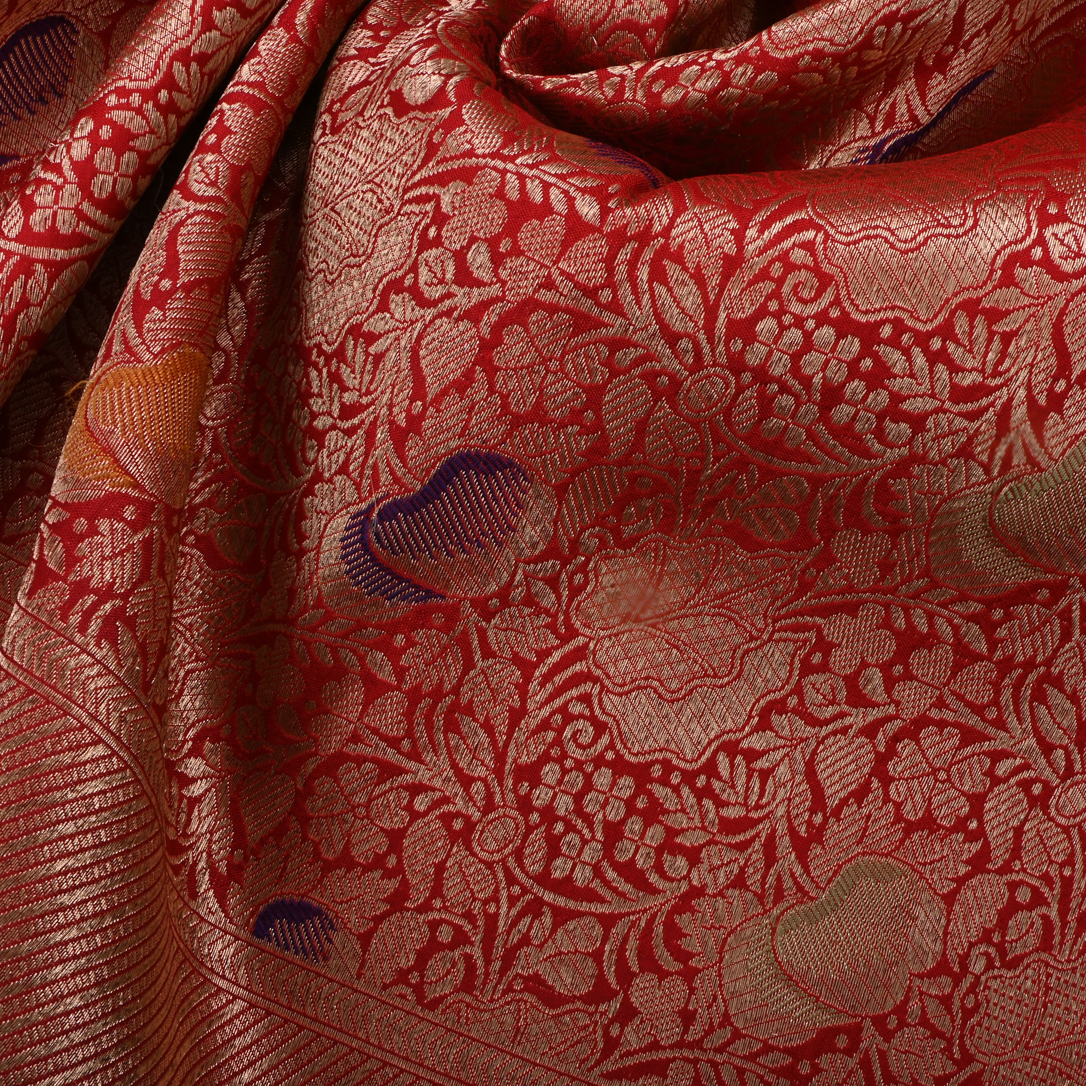 Red Jamawar Silk Fabric With Meenakari Design