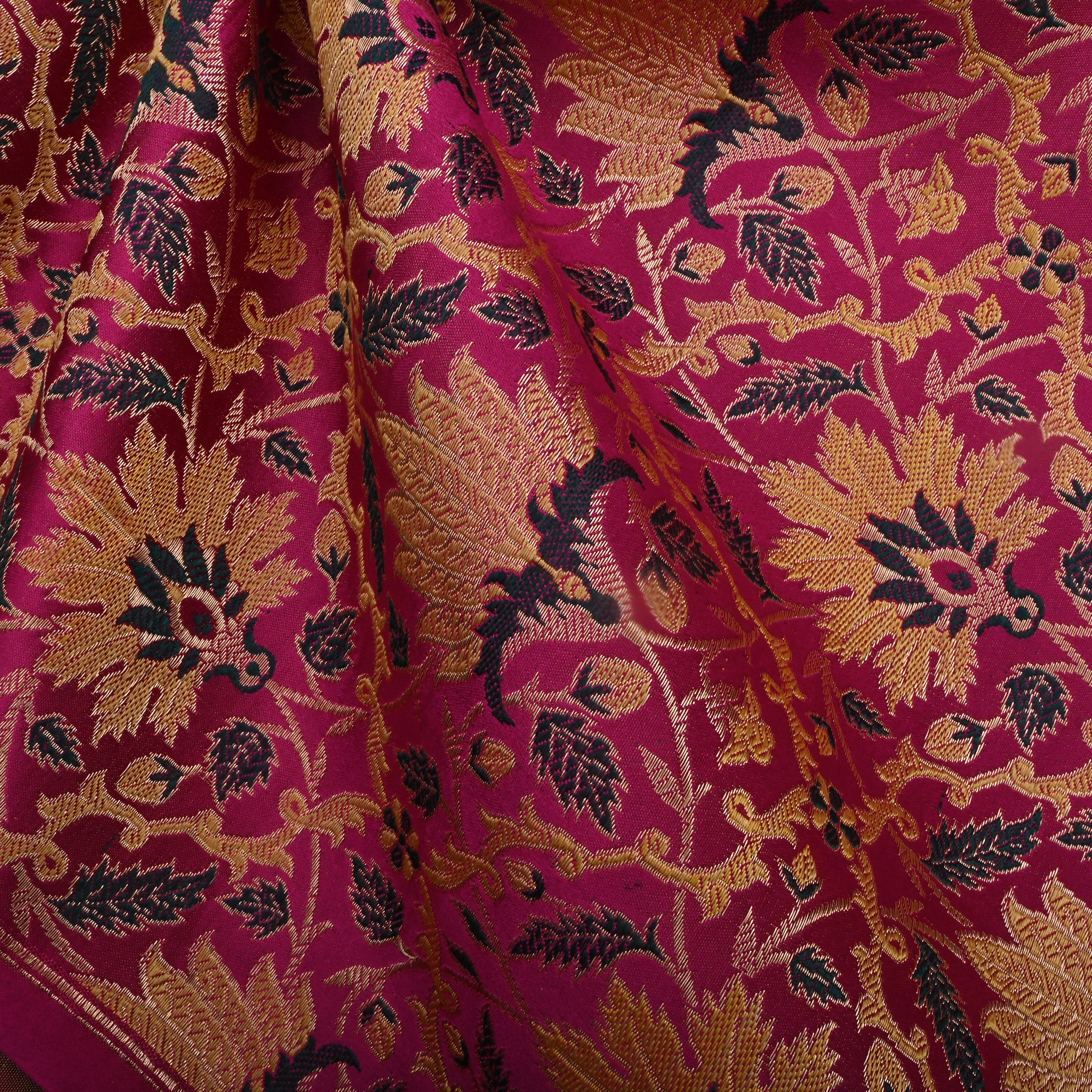 Hot Pink Jamawar Satin Fabric With Floral Jaal