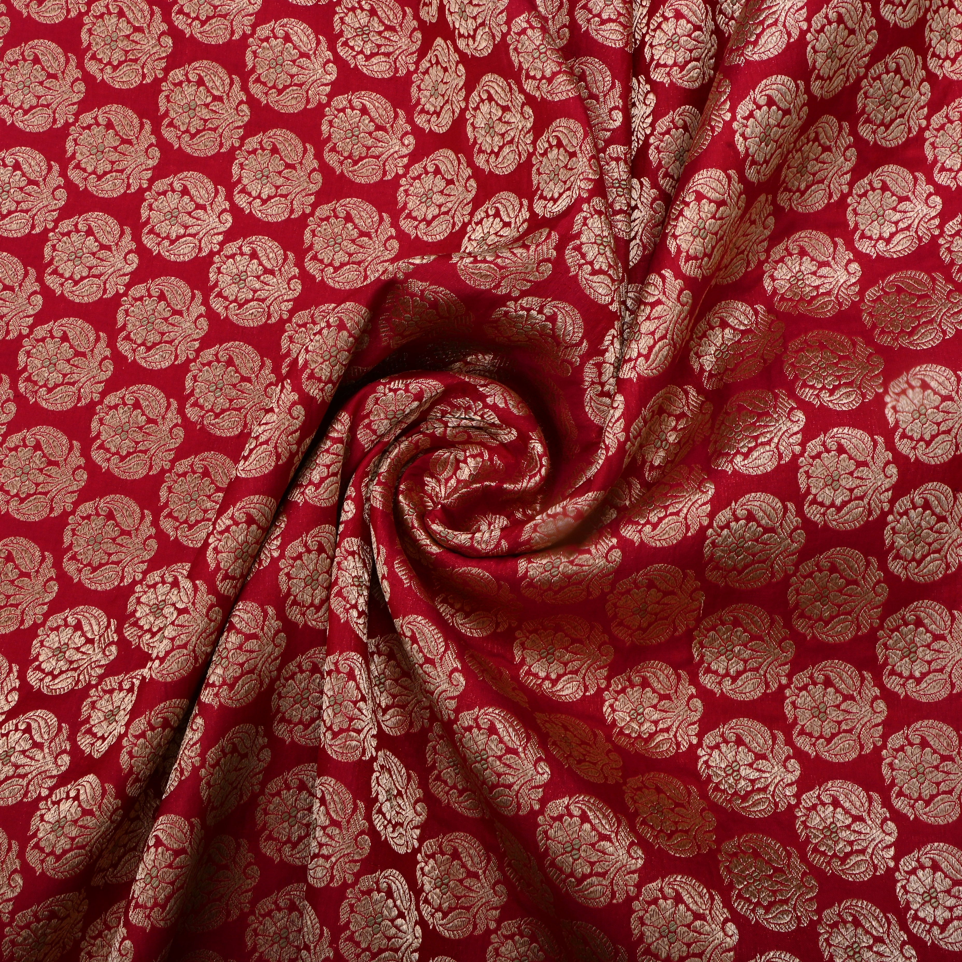 Red Jamawar Silk Fabric With Floral Butti'S