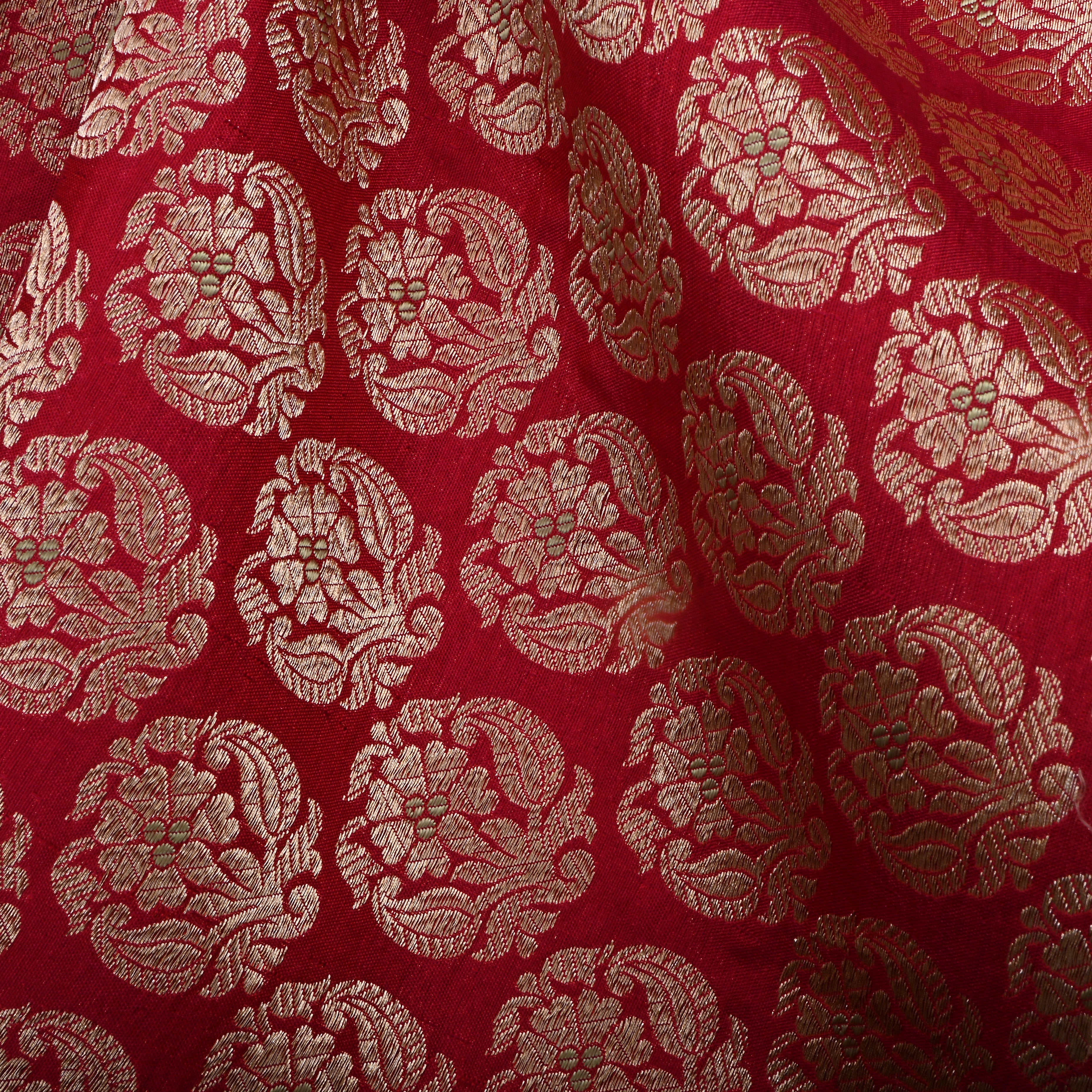 Red Jamawar Silk Fabric With Floral Butti'S
