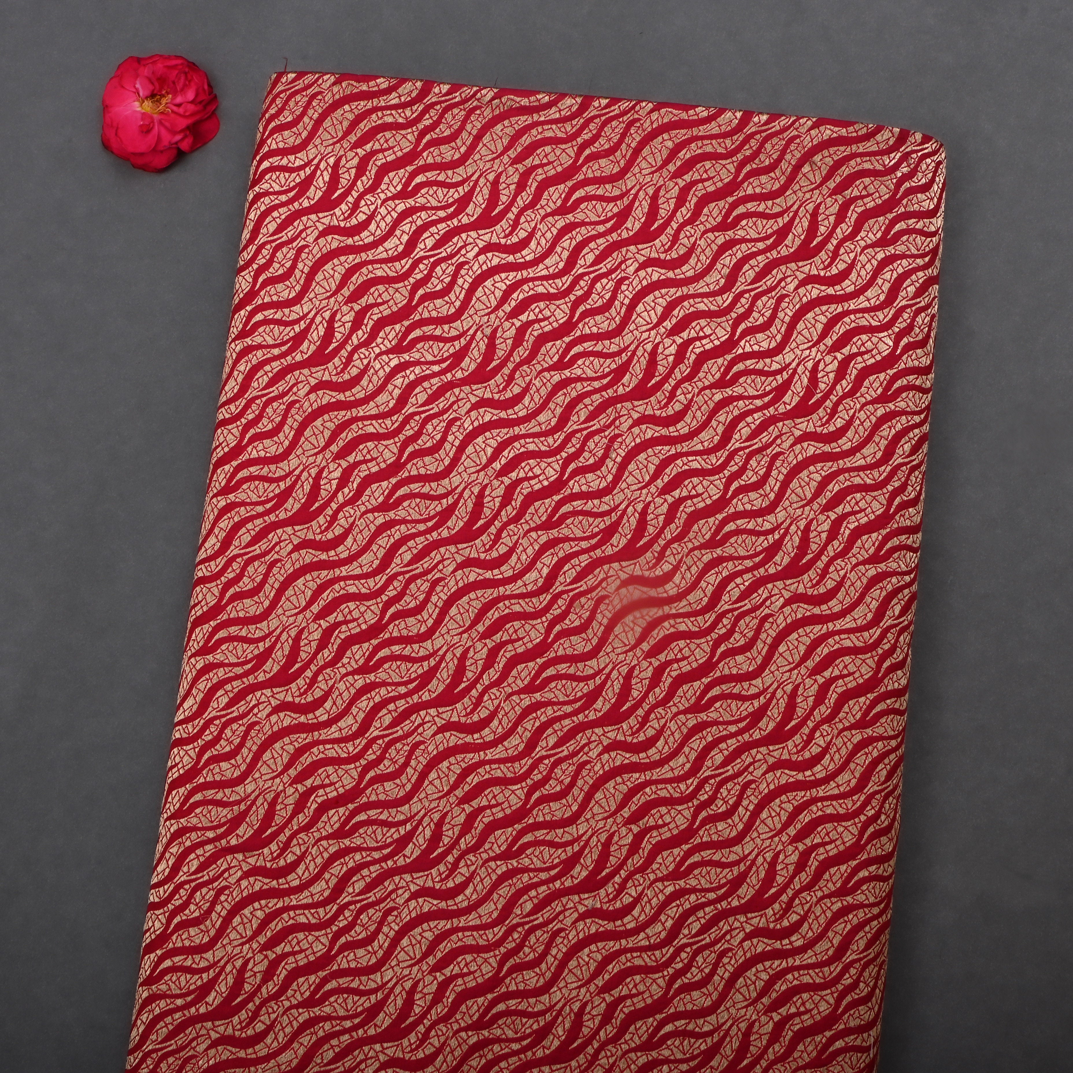 Bright Red Jamawar Silk Fabric With Wave Pattern