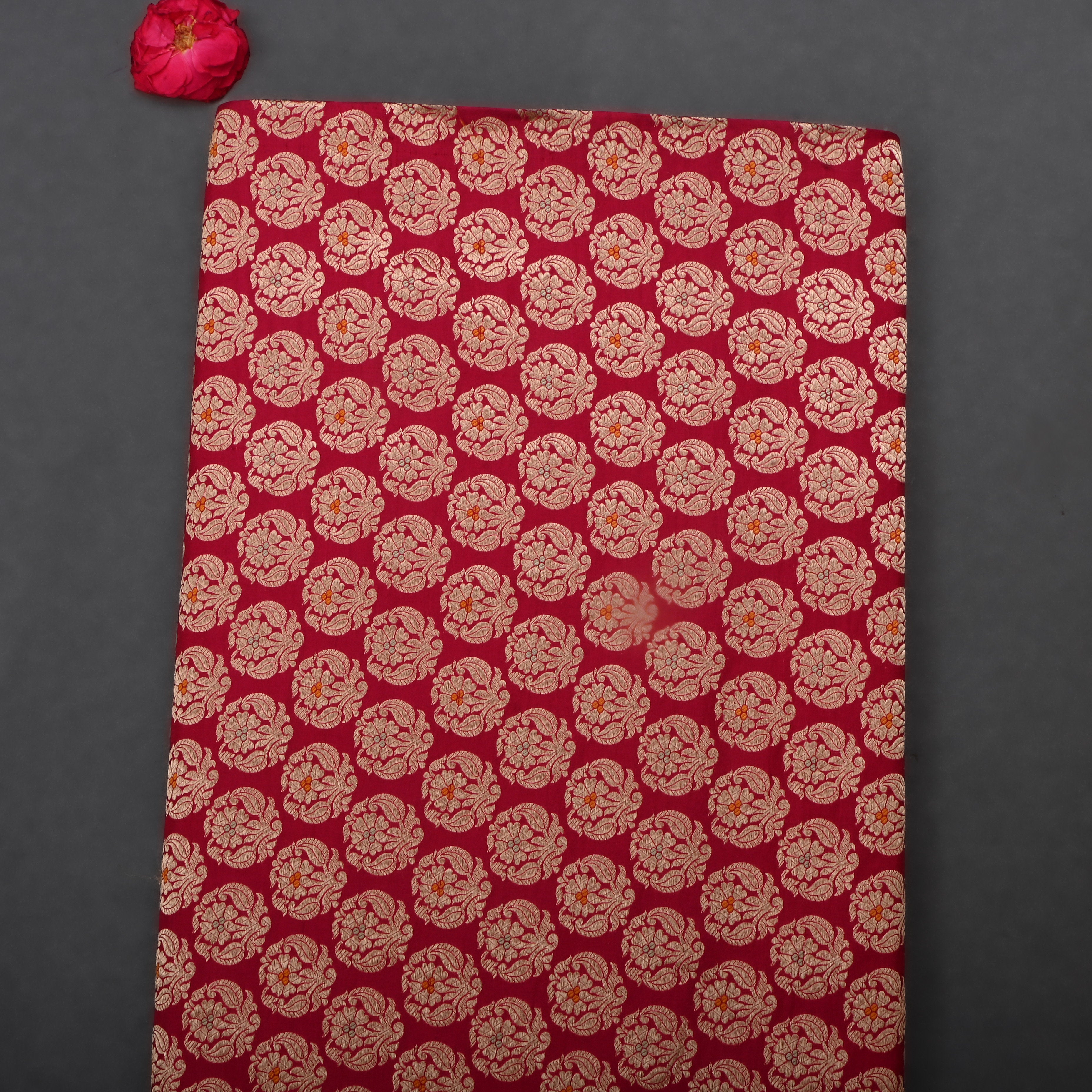 Red Jamawar Silk Fabric With Meenakari Design