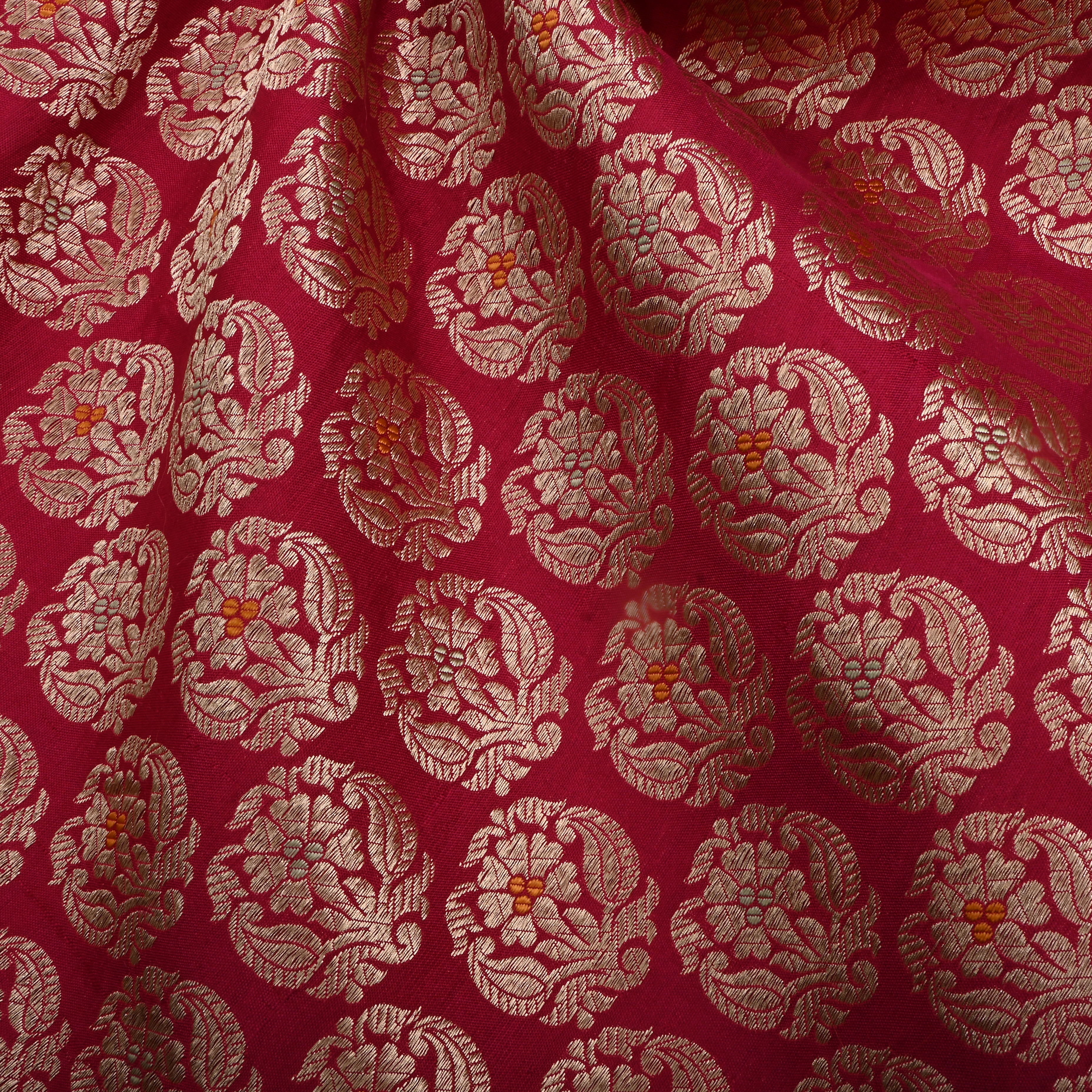 Red Jamawar Silk Fabric With Meenakari Design