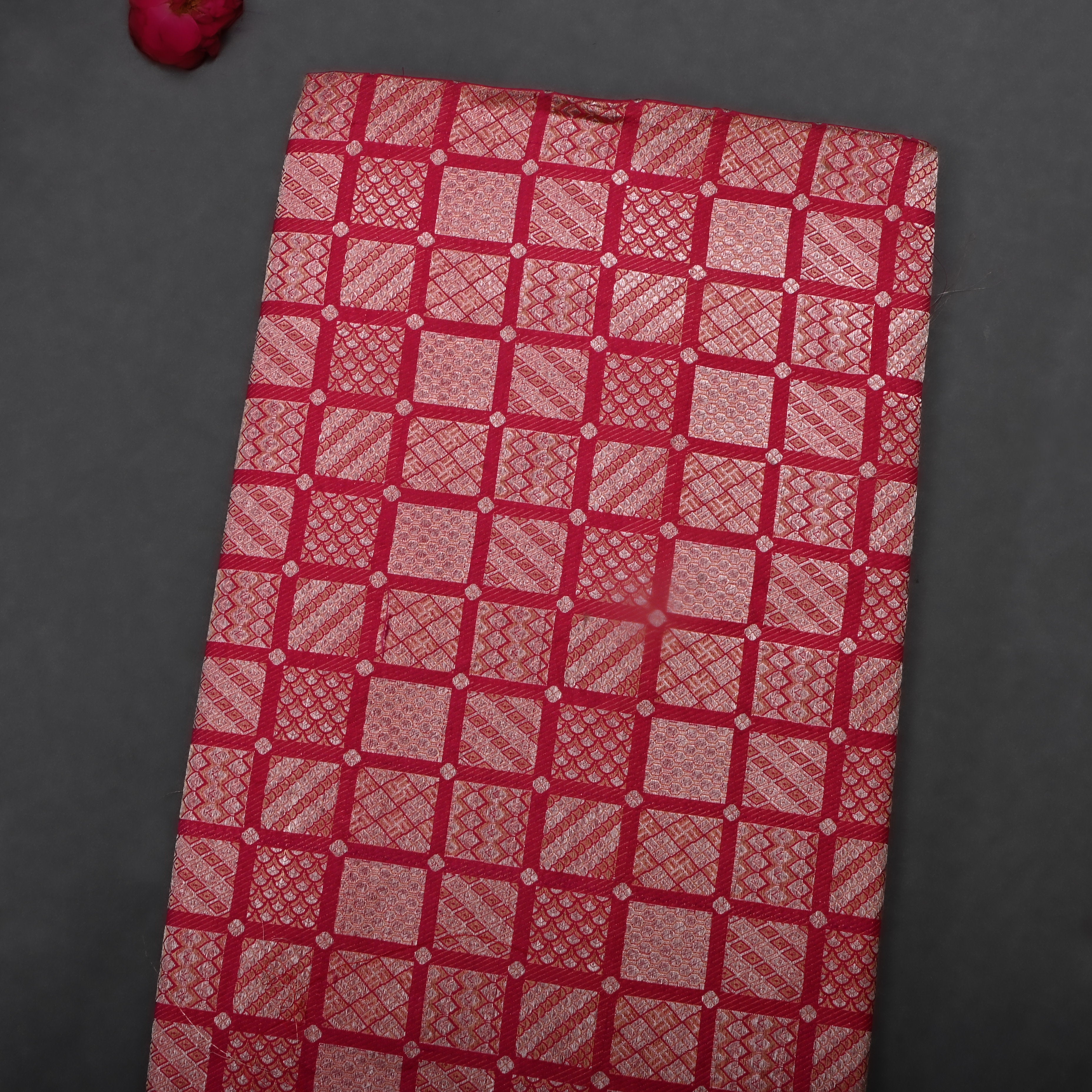 Dark Hot Pink Jamawar Silk Fabric With Geometric Patterns