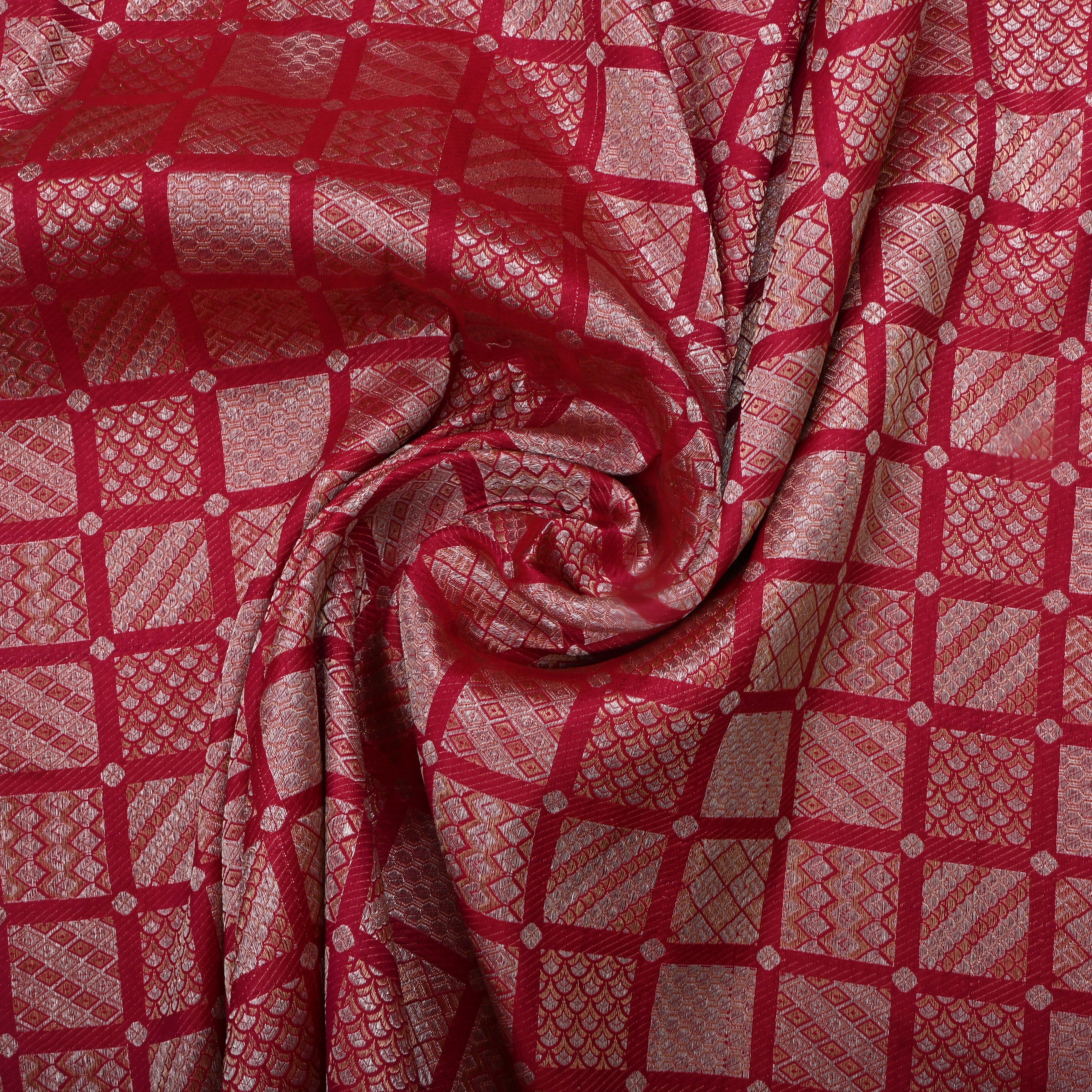 Dark Hot Pink Jamawar Silk Fabric With Geometric Patterns