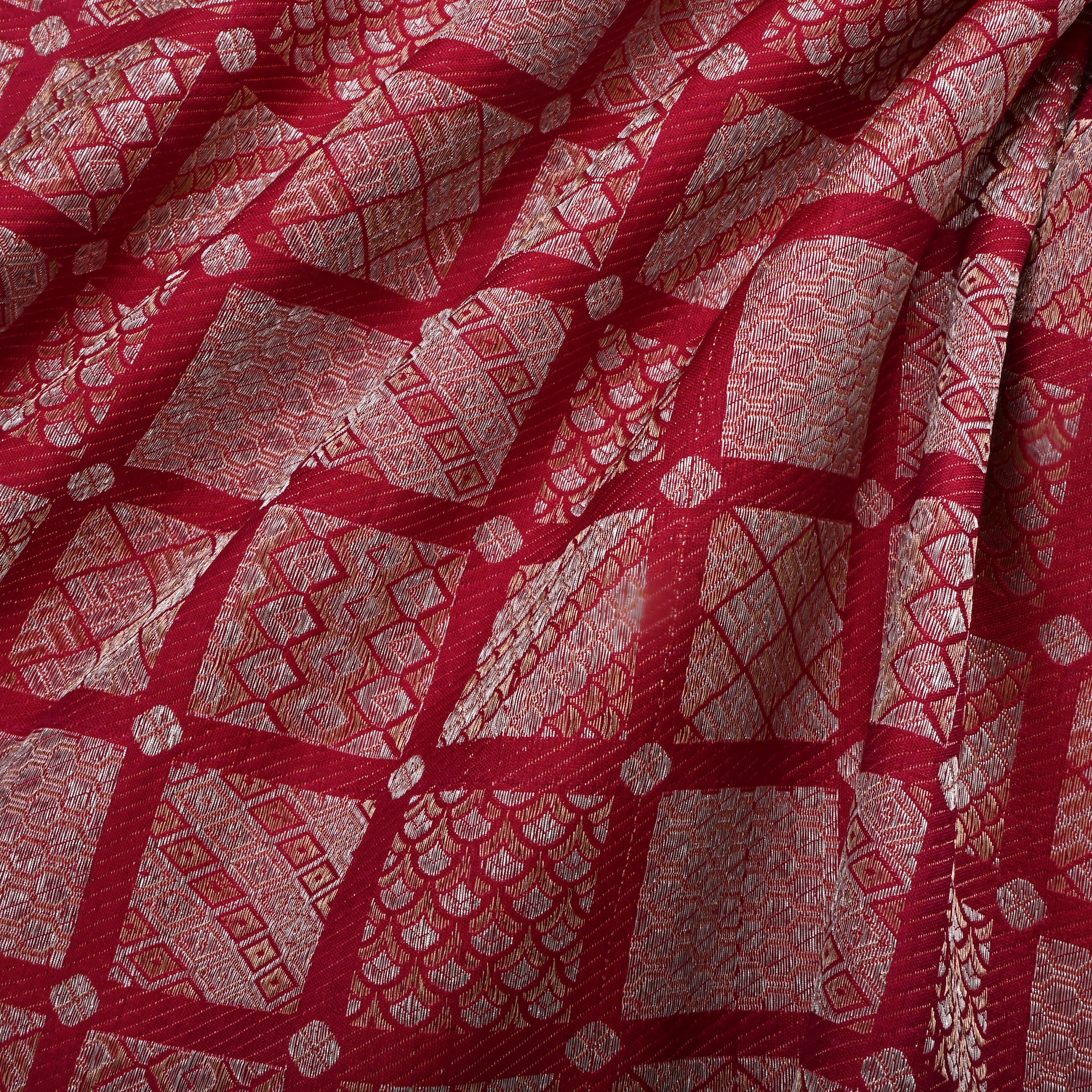 Dark Hot Pink Jamawar Silk Fabric With Geometric Patterns