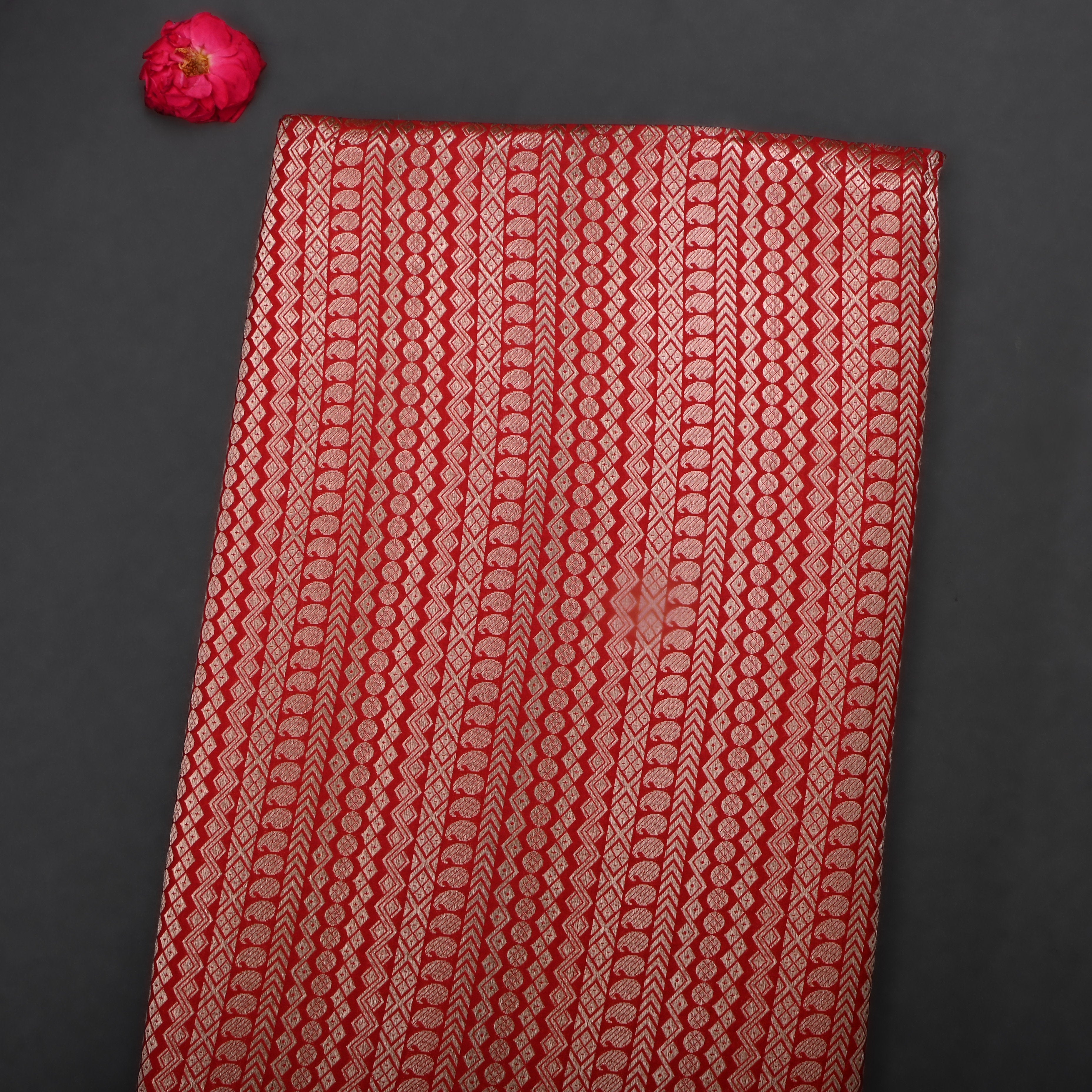 Solid Red Jamawar Silk Fabric With Woven Patterns
