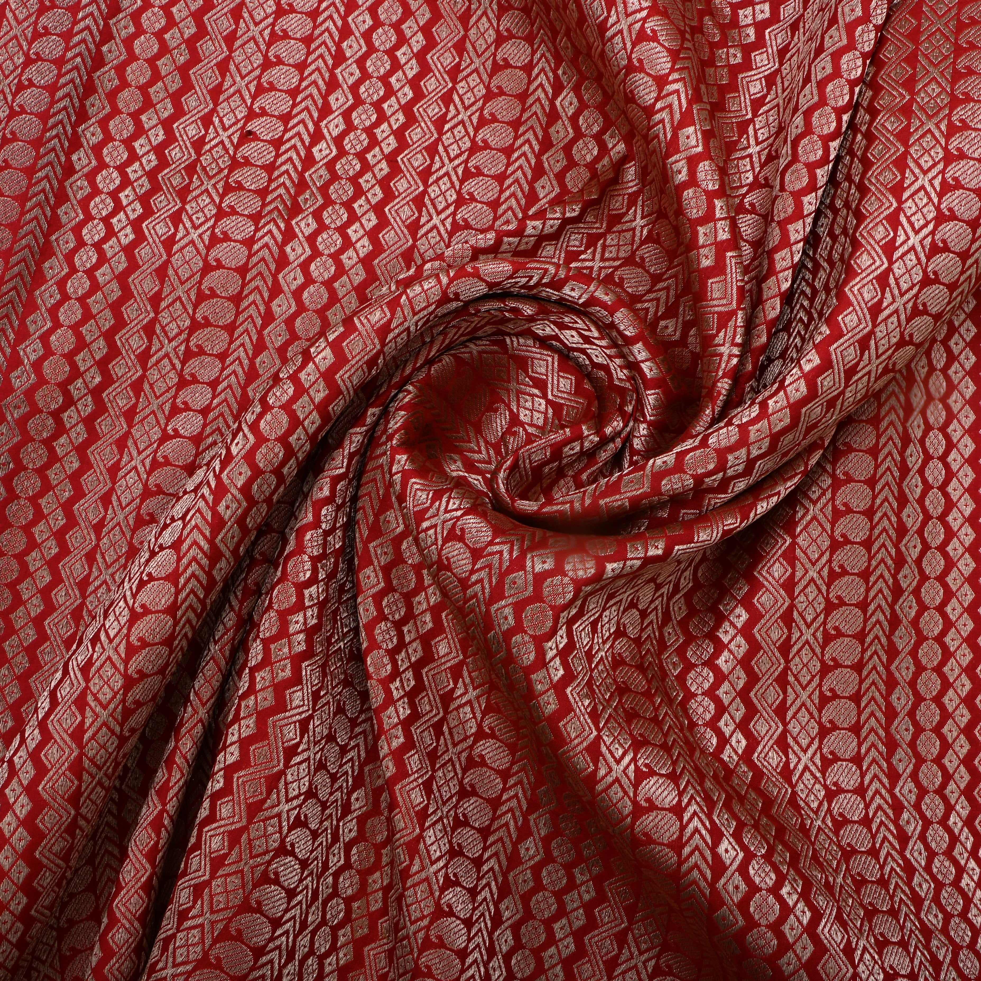 Solid Red Jamawar Silk Fabric With Woven Patterns