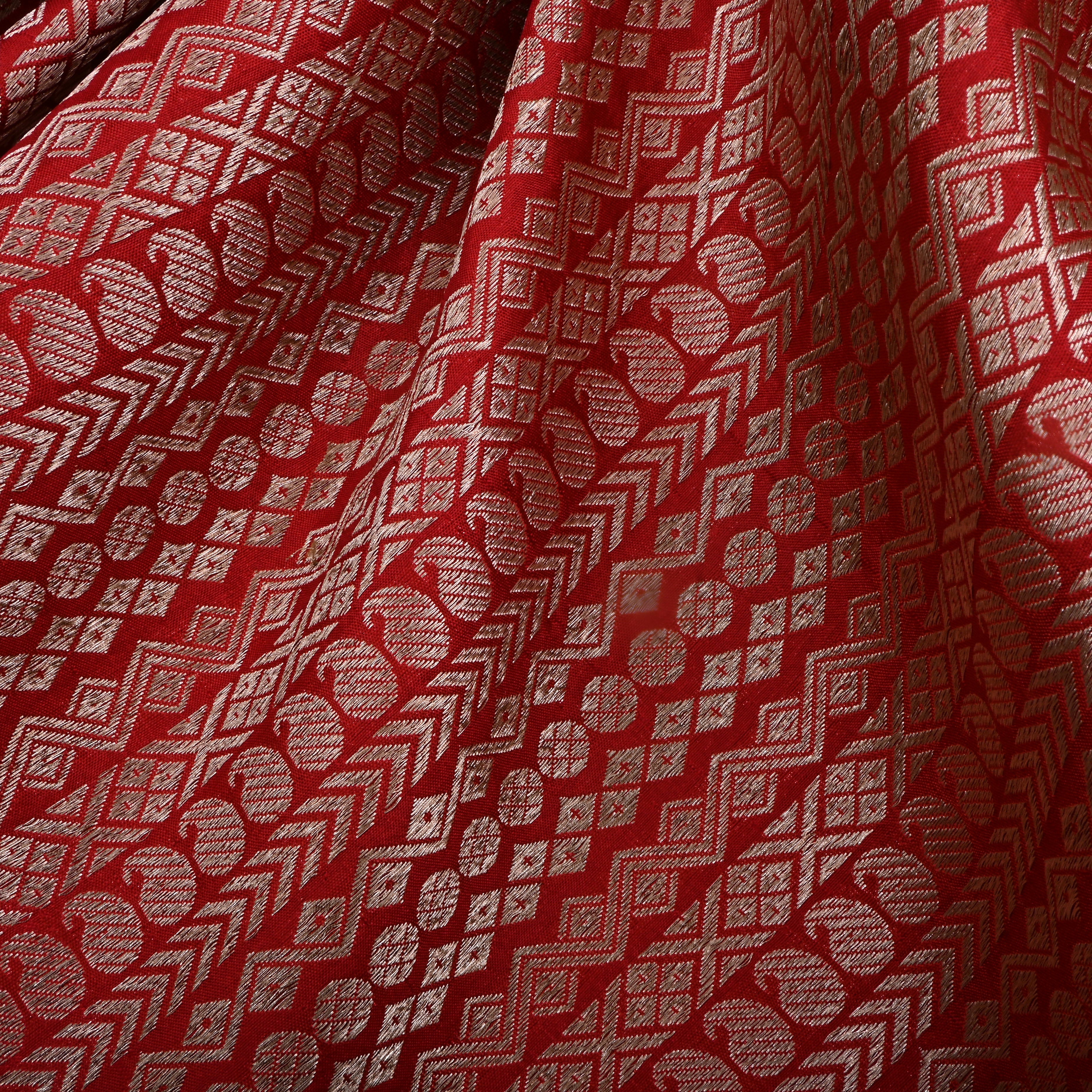 Solid Red Jamawar Silk Fabric With Woven Patterns