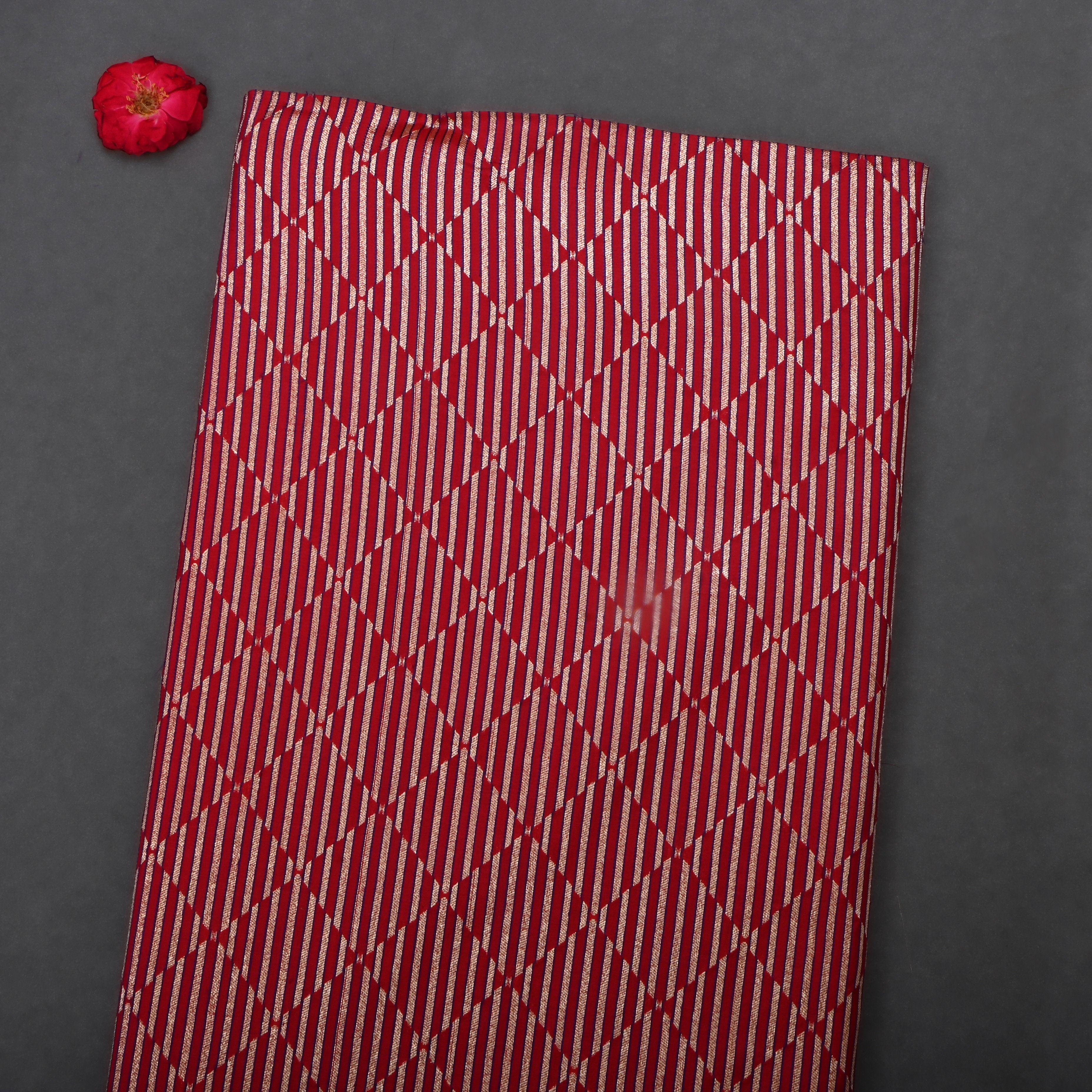 Red Jamawar Silk Fabric With Stripes Pattern