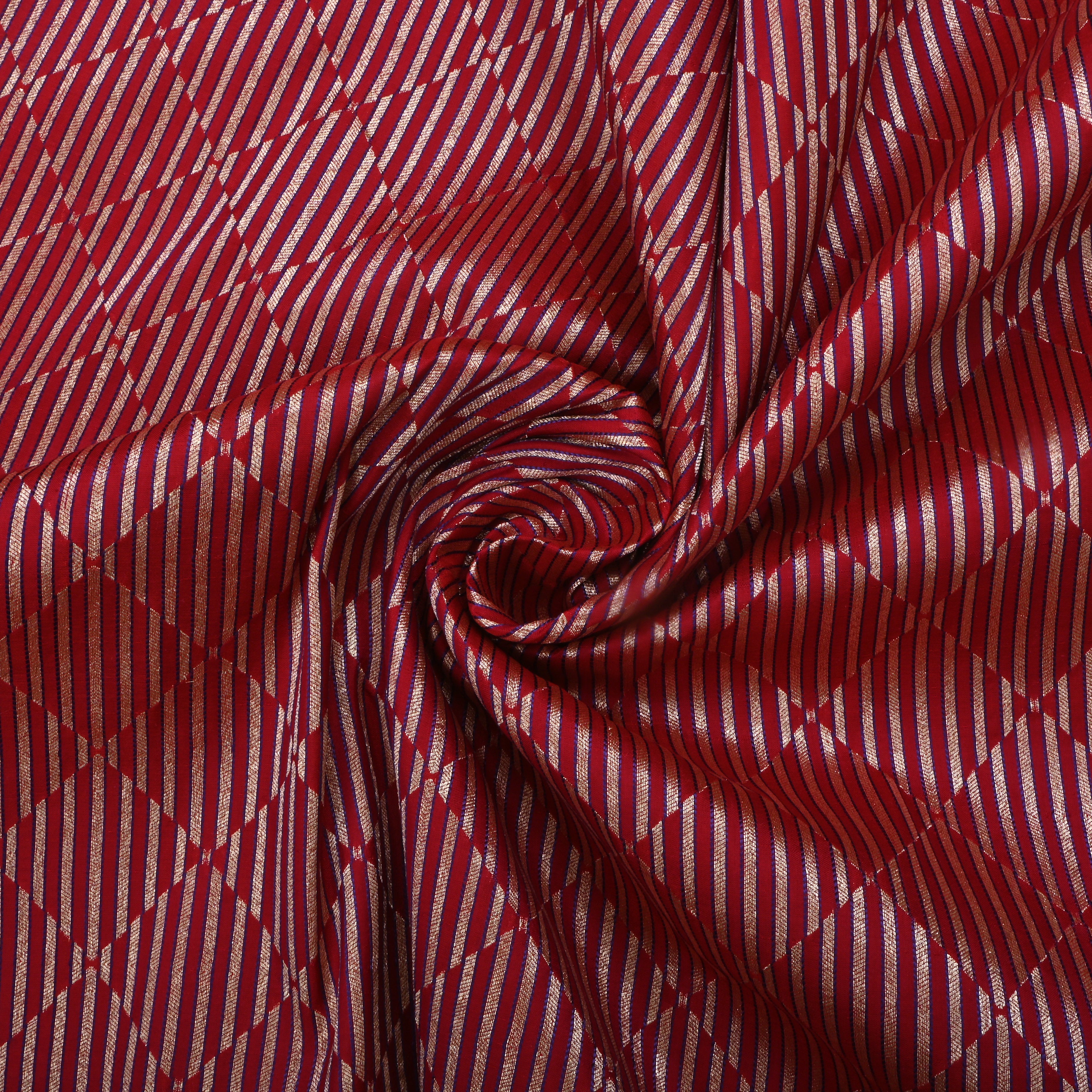 Red Jamawar Silk Fabric With Stripes Pattern