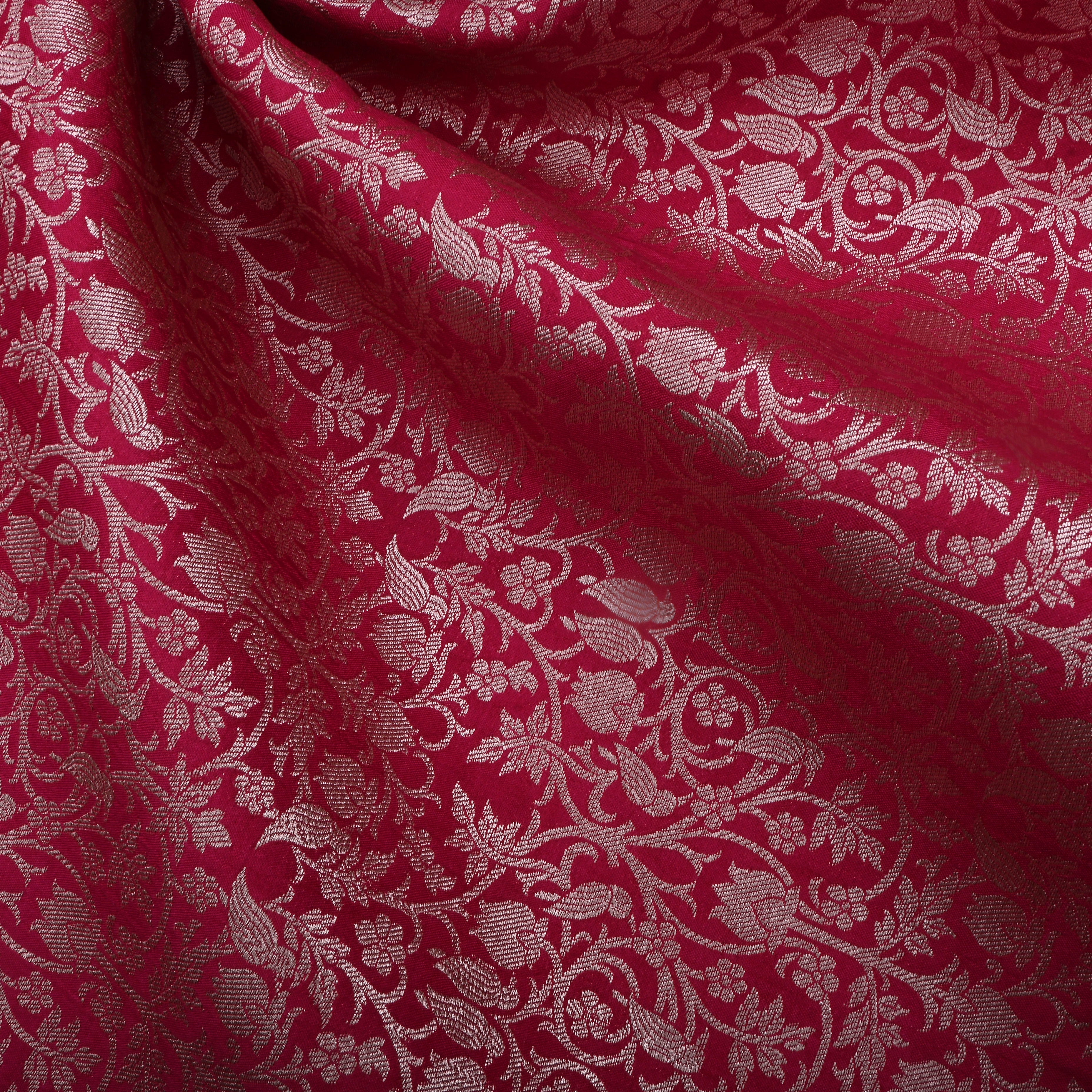 Deep Carmine Pink Jamawar Silk Fabric With Jaal Design