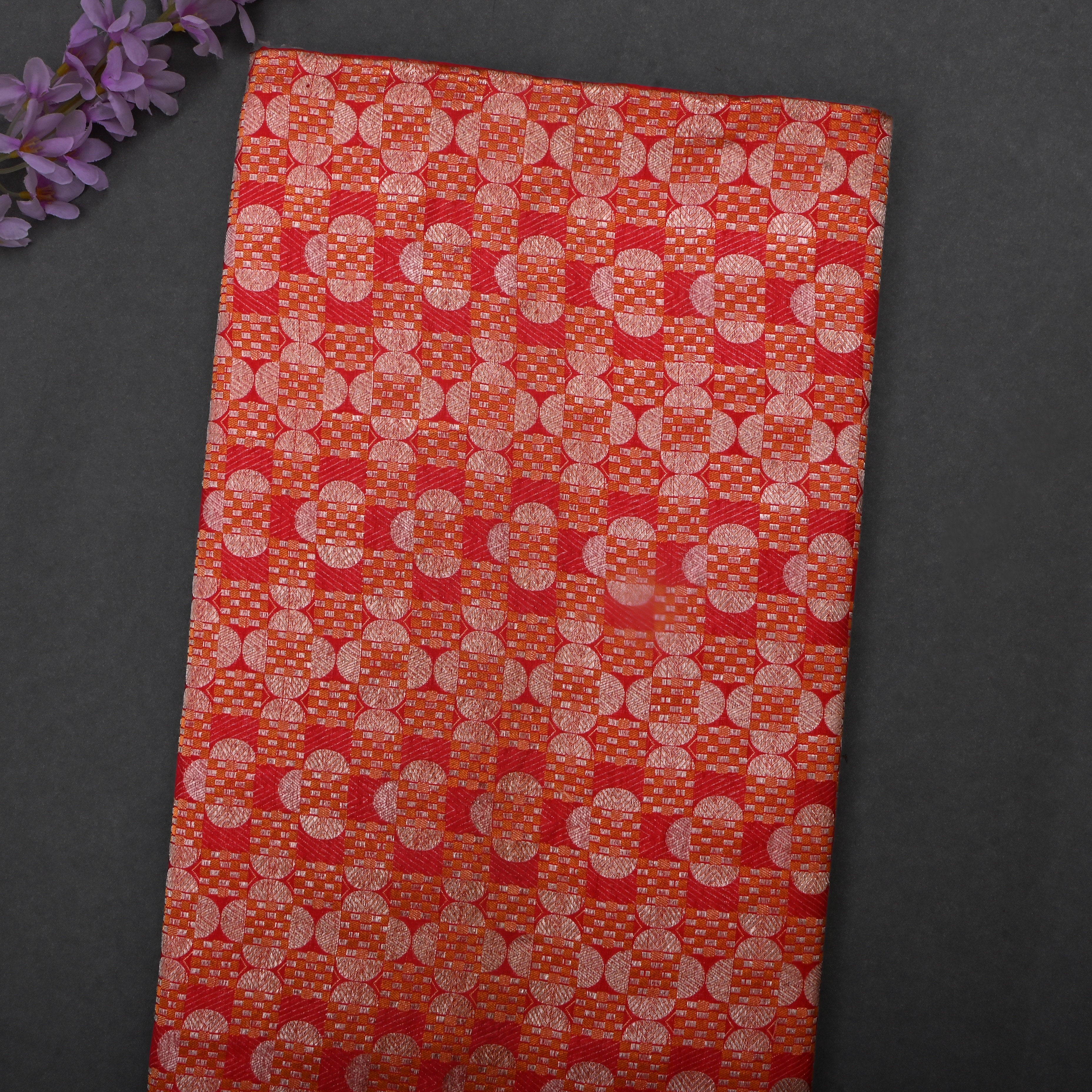 Red Jamawar Silk Fabric With Woven Pattern