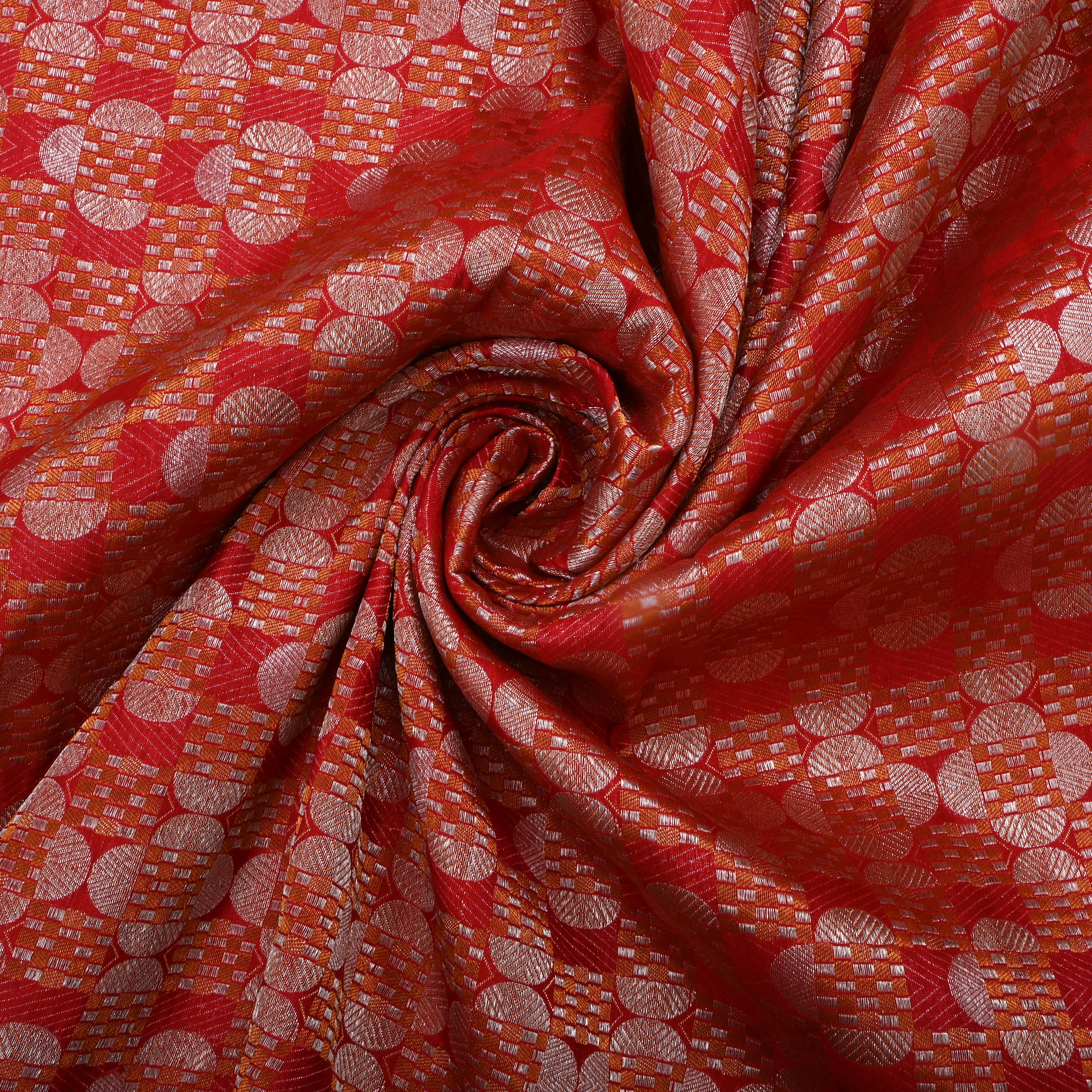 Red Jamawar Silk Fabric With Woven Pattern