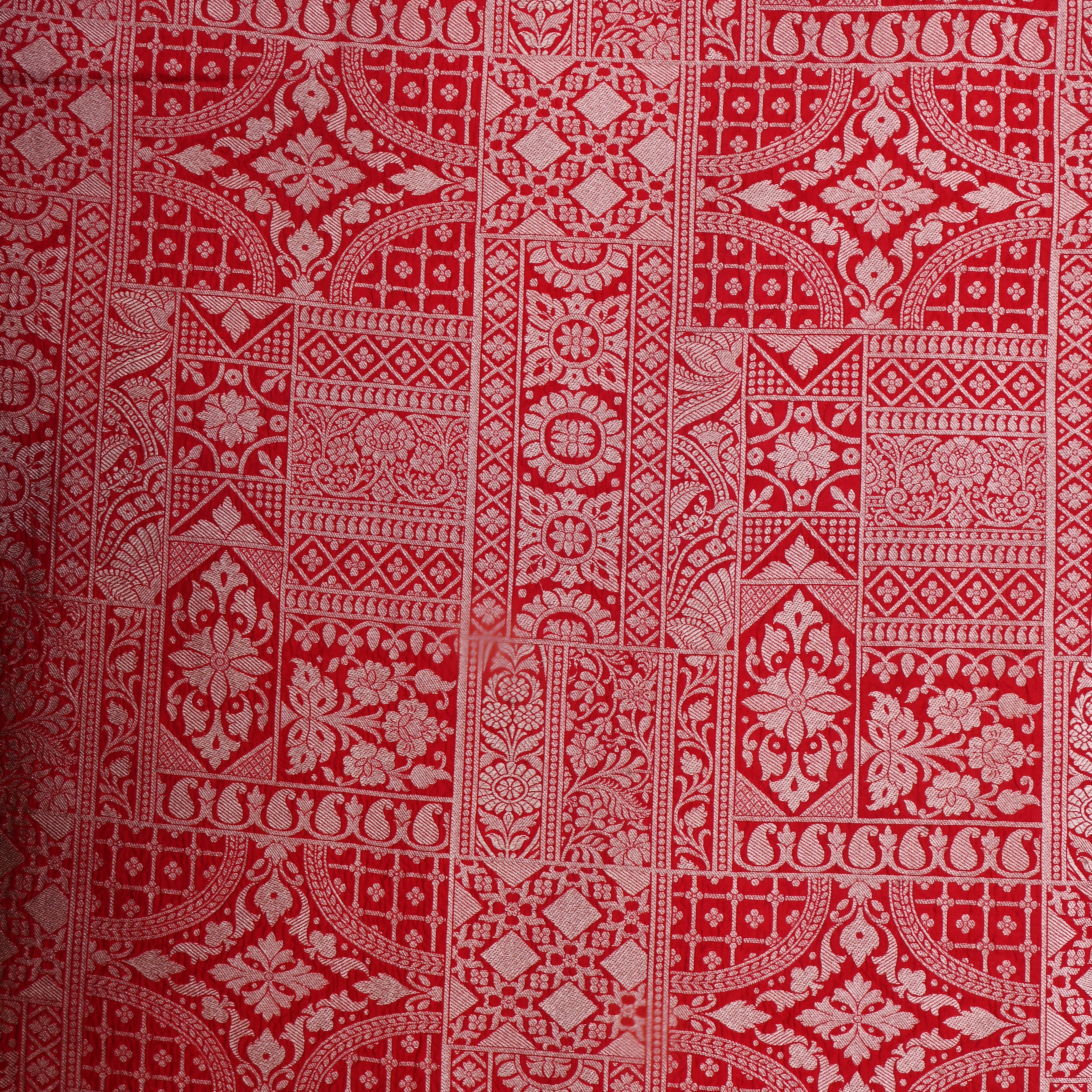 Cornell Red Jamawar Silk Fabric With Woven Pattern