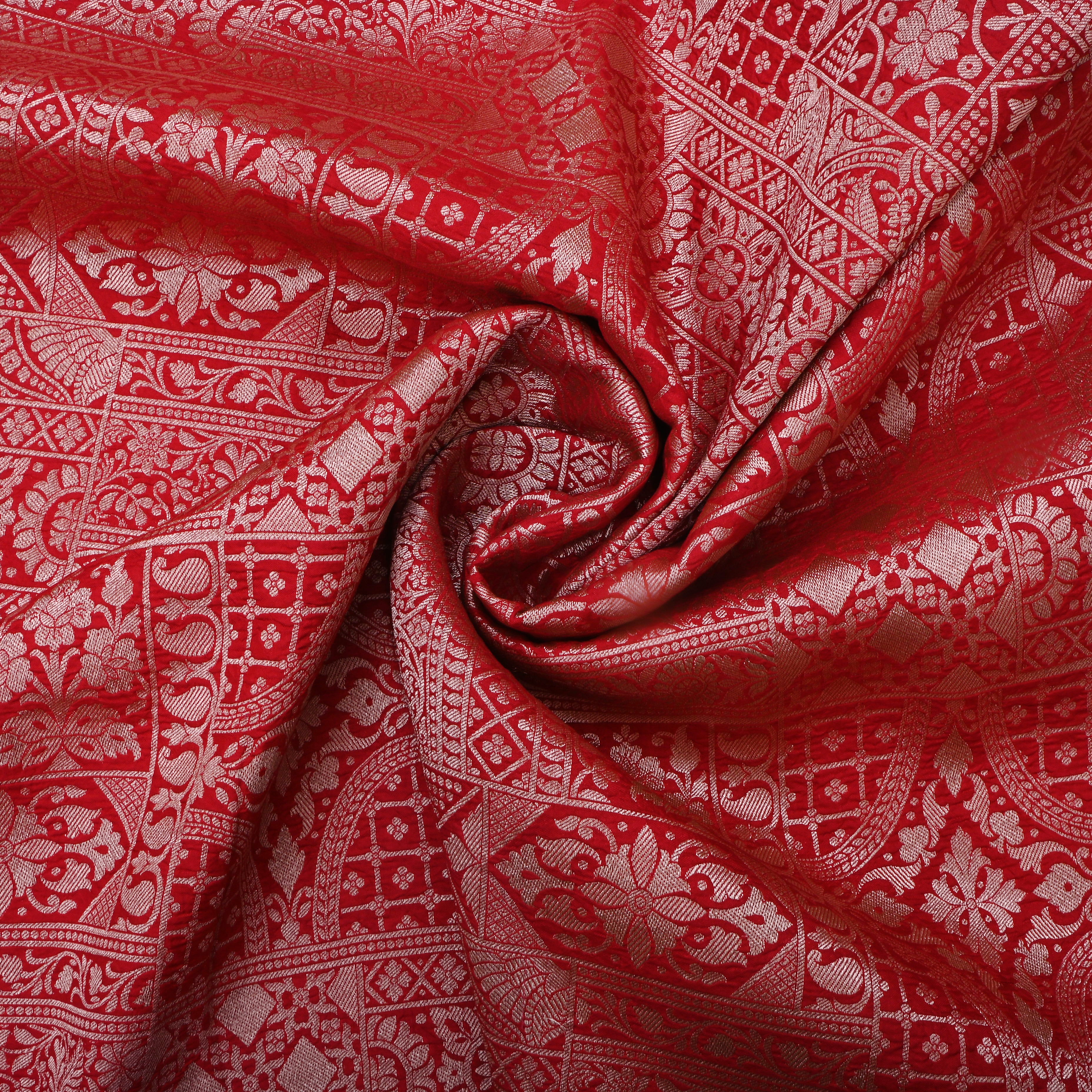 Cornell Red Jamawar Silk Fabric With Woven Pattern