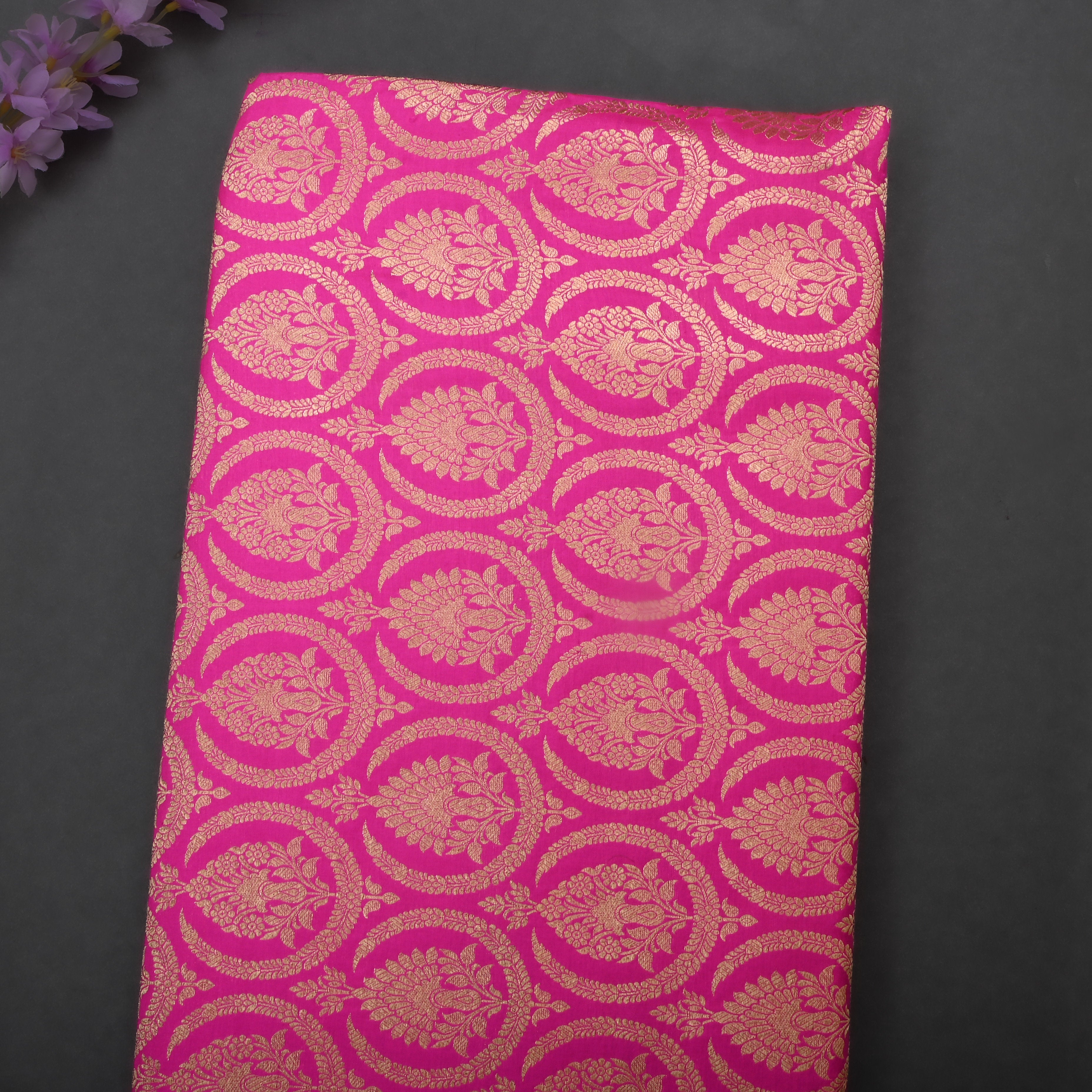 Vivid Cerise Pink Jamawar Silk Fabric With Geometrical Figures