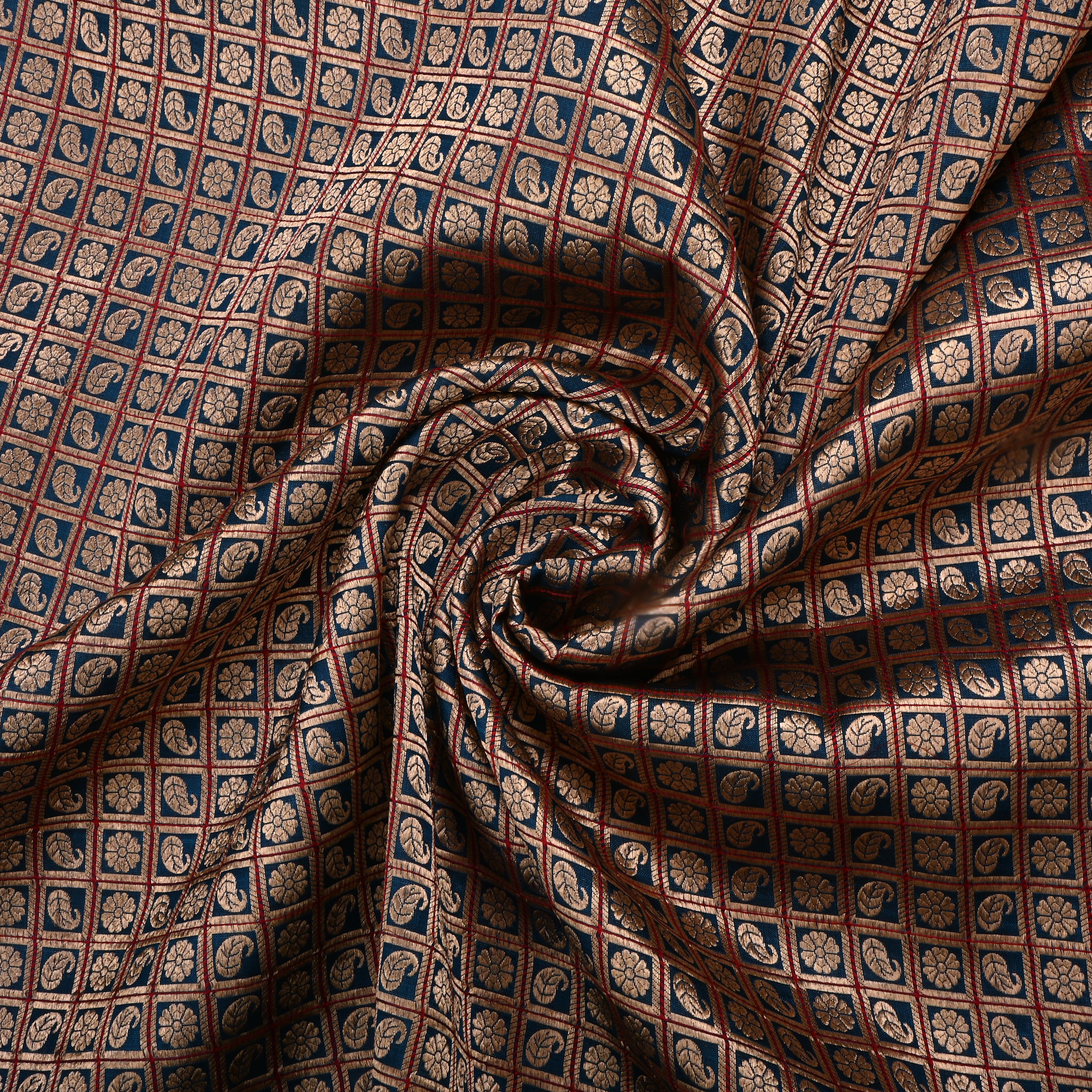 Crystal Teal Jamawar Silk Fabric With Checks Pattern