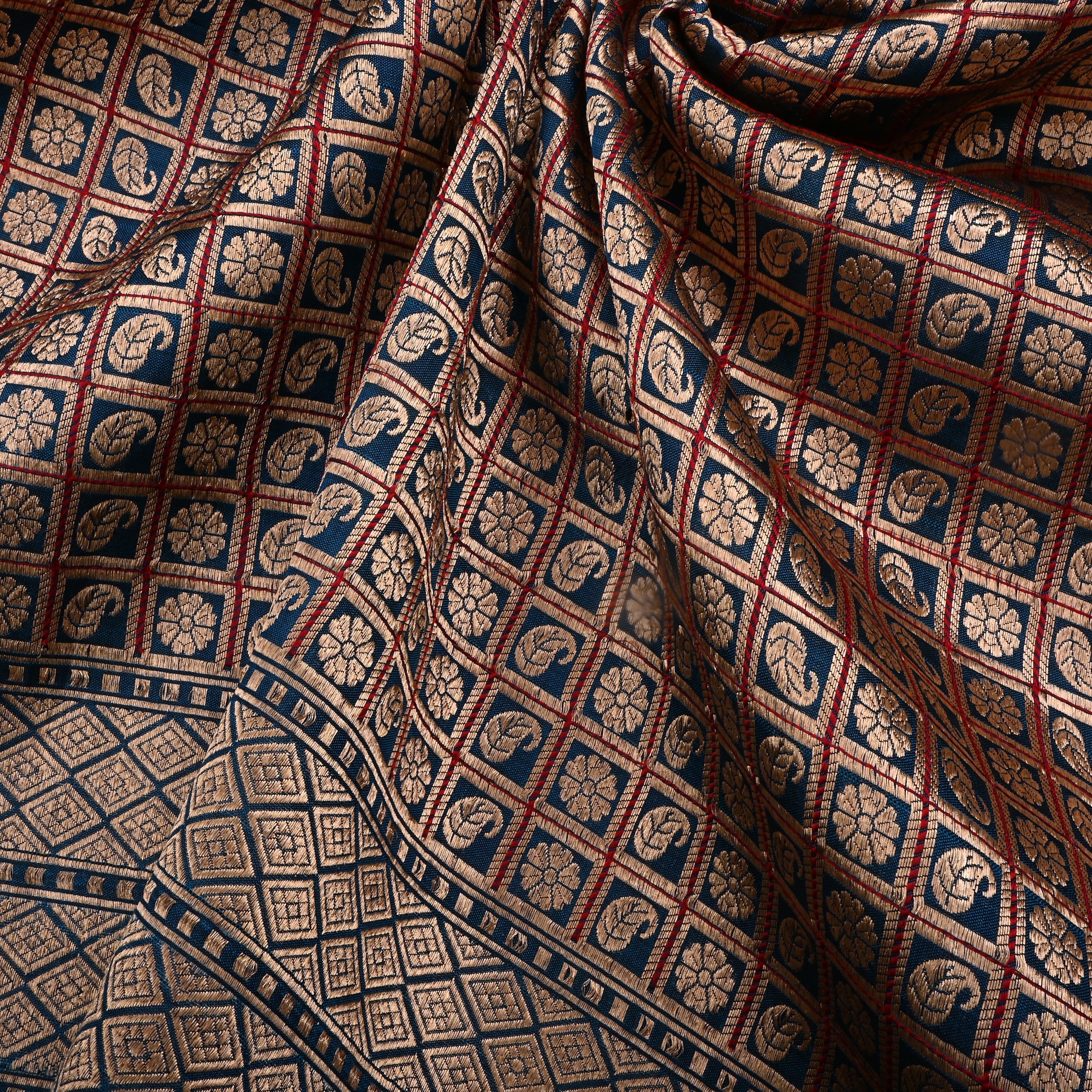 Crystal Teal Jamawar Silk Fabric With Checks Pattern