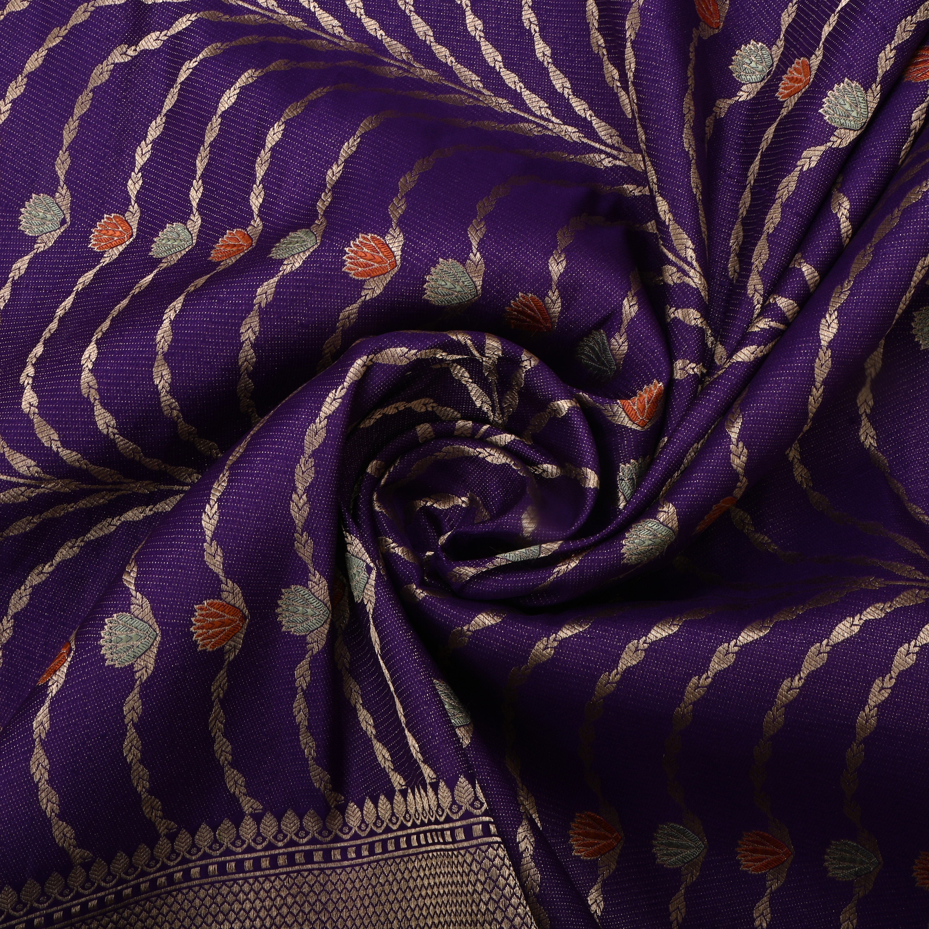 Purple Jamawar Silk Fabric With Lotus Motifs