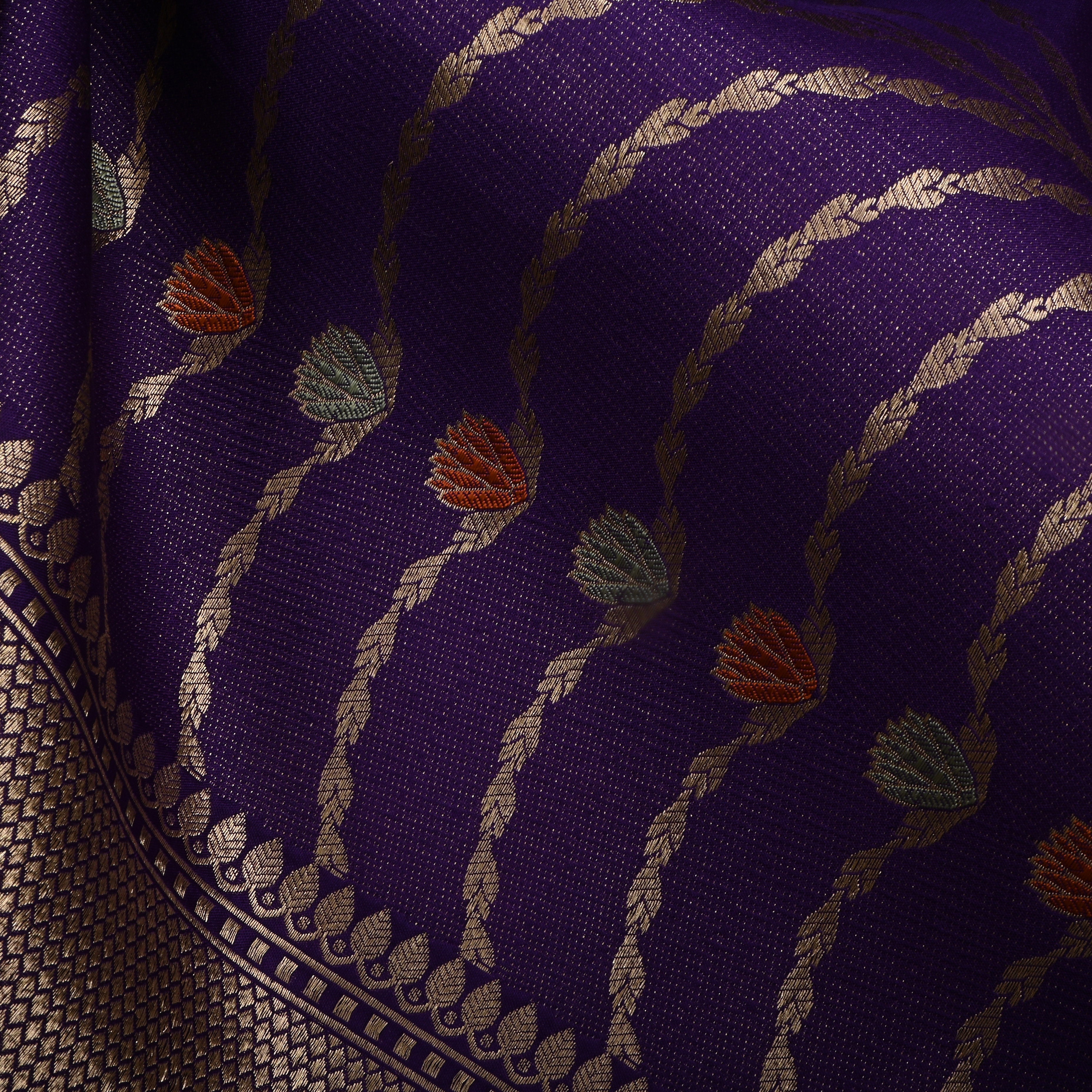 Purple Jamawar Silk Fabric With Lotus Motifs