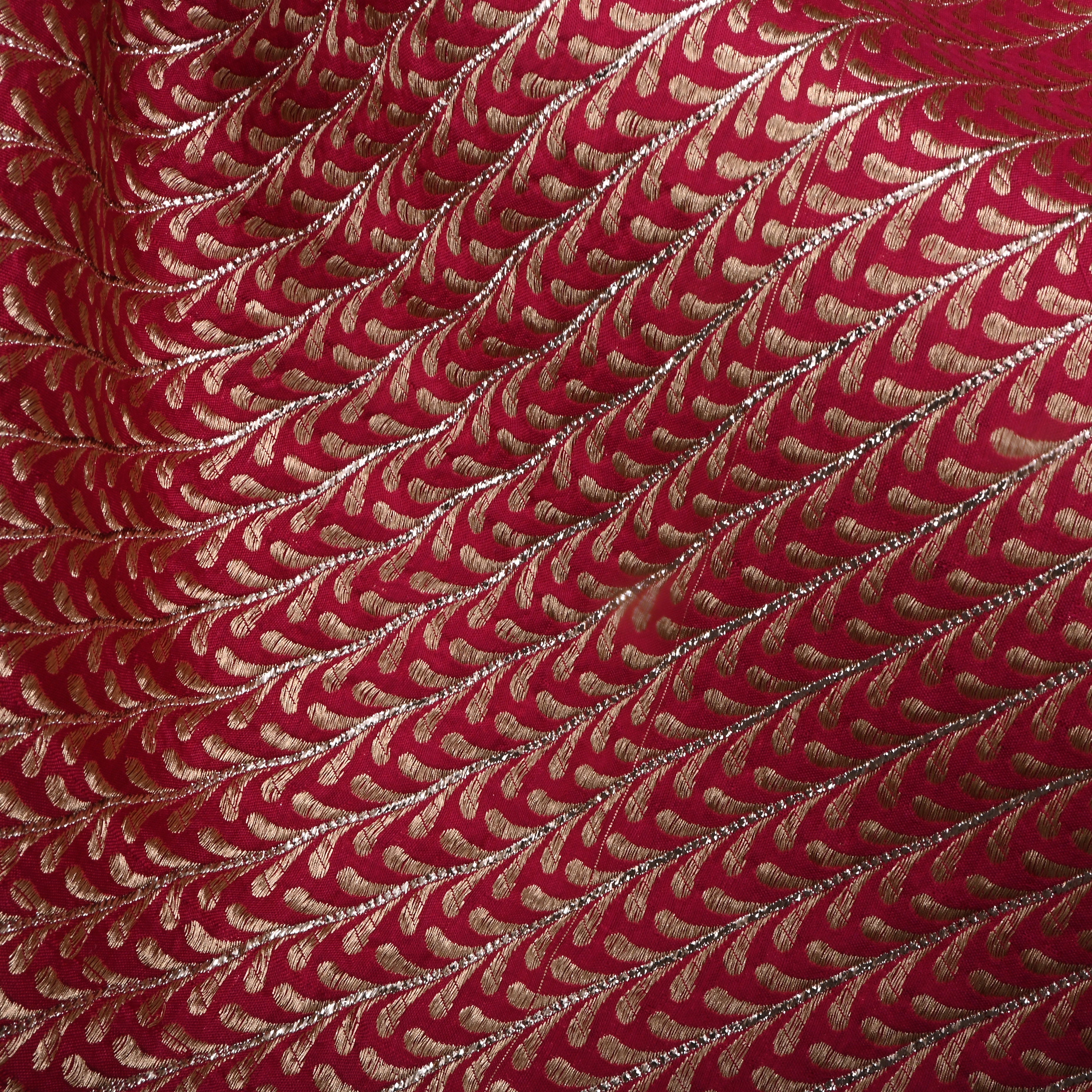 Ox Blood Red Jamawar Silk Fabric With Woven Pattern