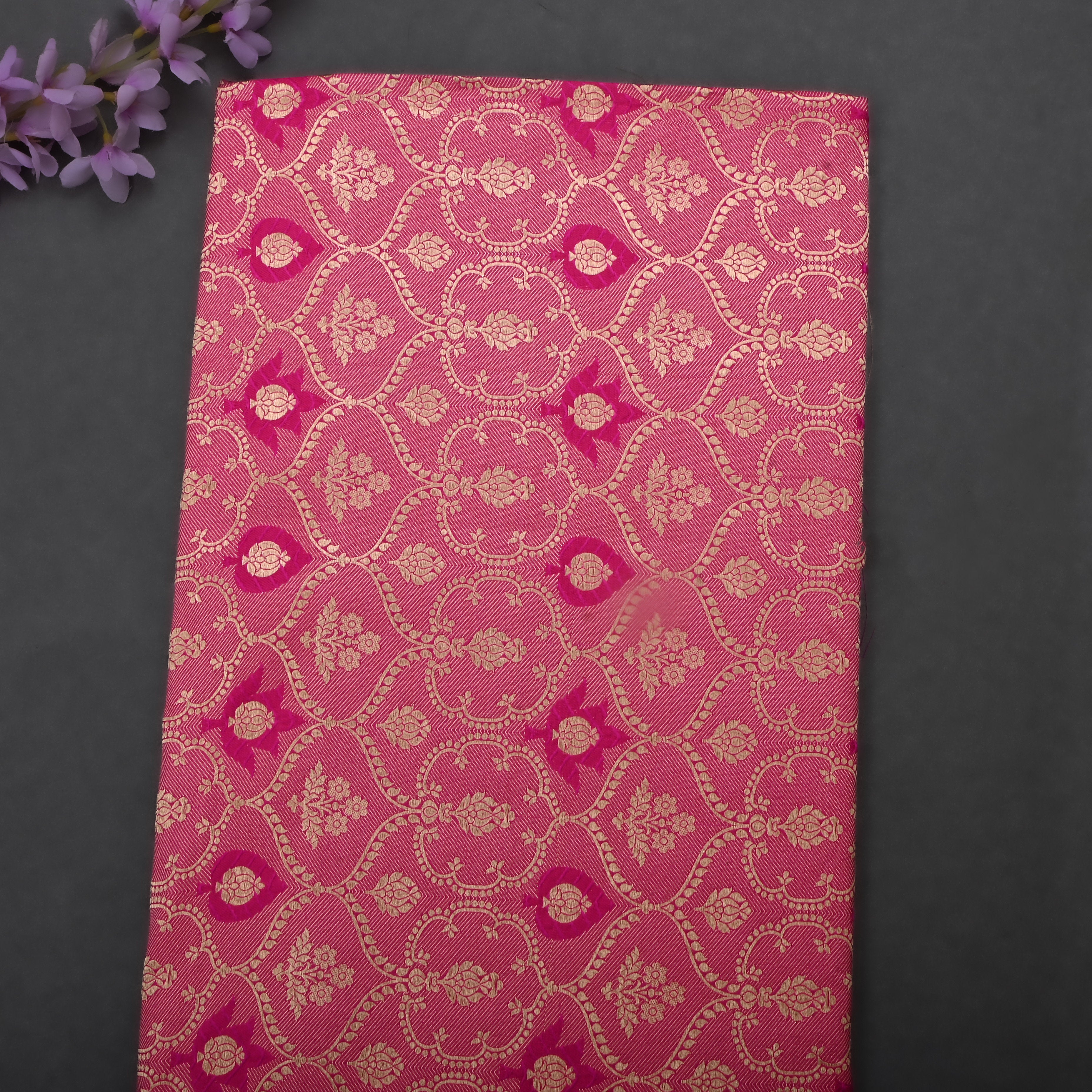 Rich Pinkish Maroon Jamawar Silk Fabric With Woven Design
