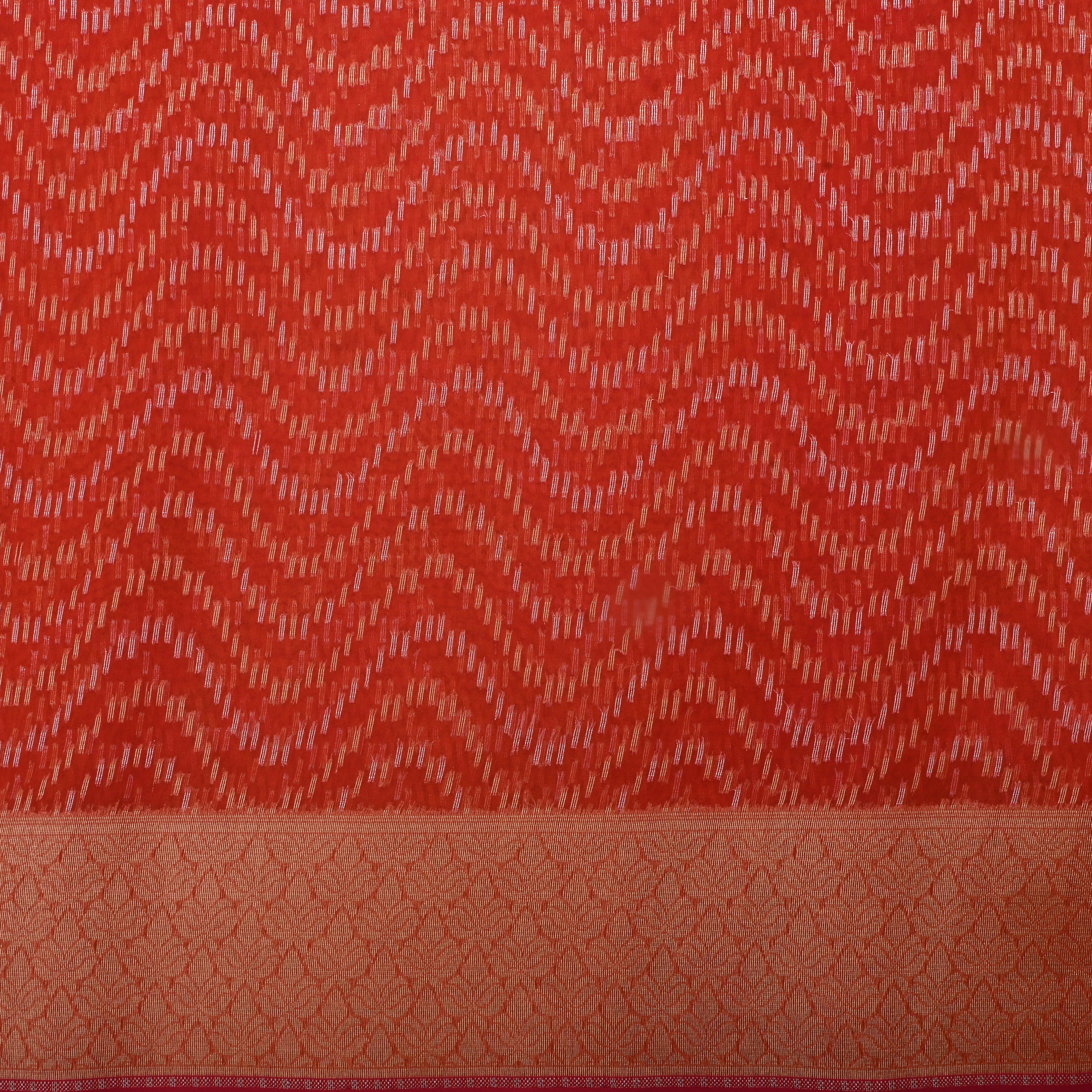Thunderbird Orangy Red Jamawar Organza Fabric With Contrast Border