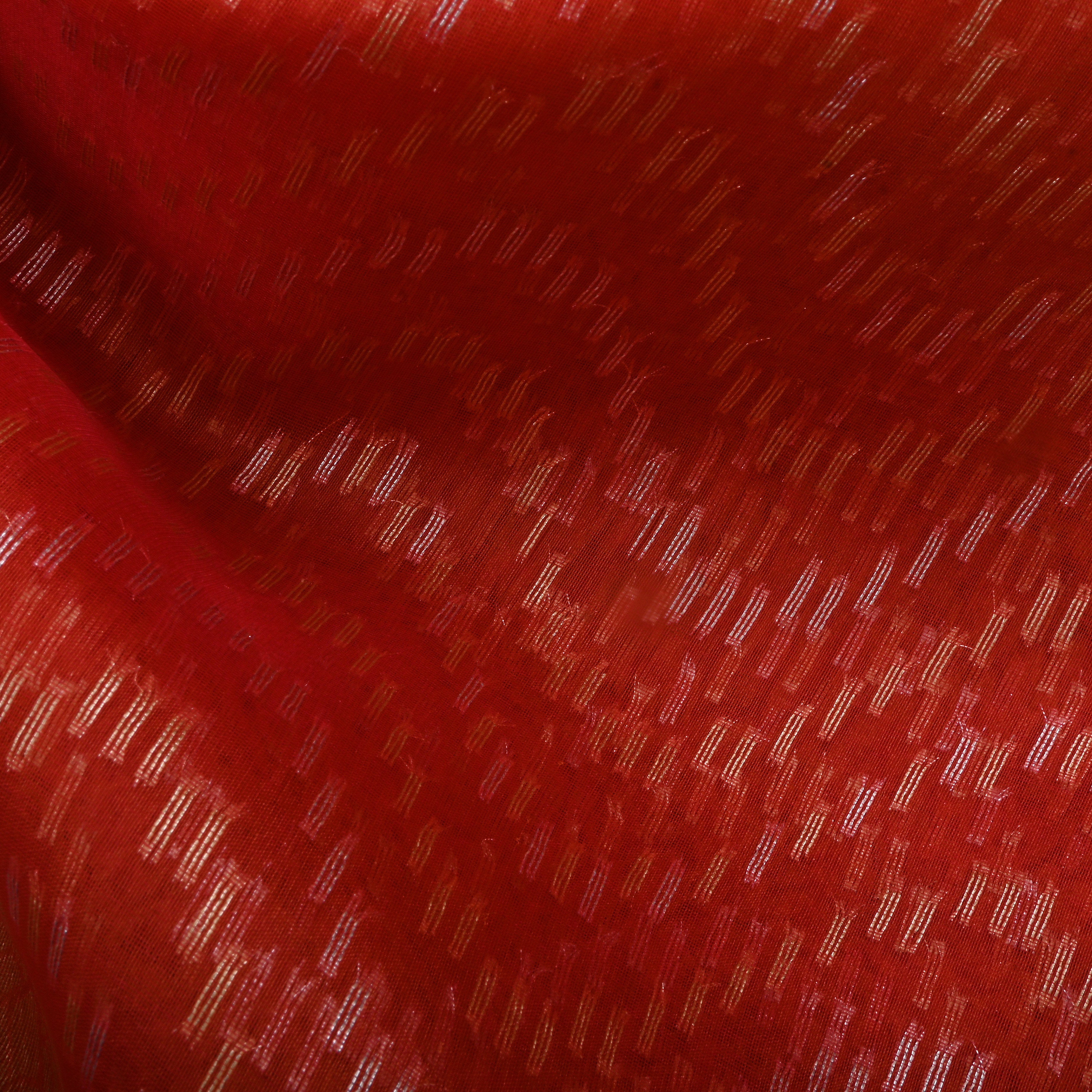 Thunderbird Orangy Red Jamawar Organza Fabric With Contrast Border