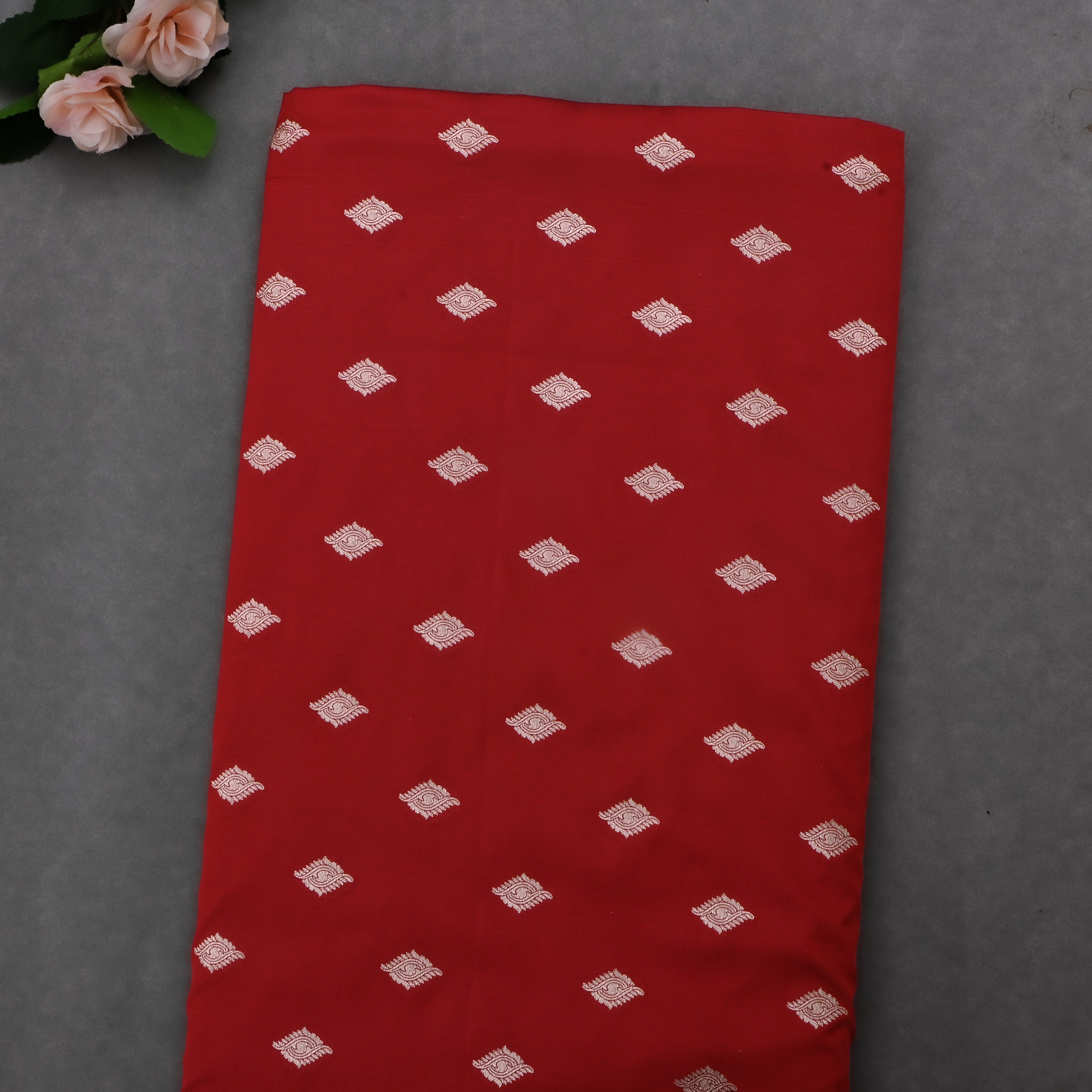 Falu Red Jamawar Silk Fabric With Eye Butti'S