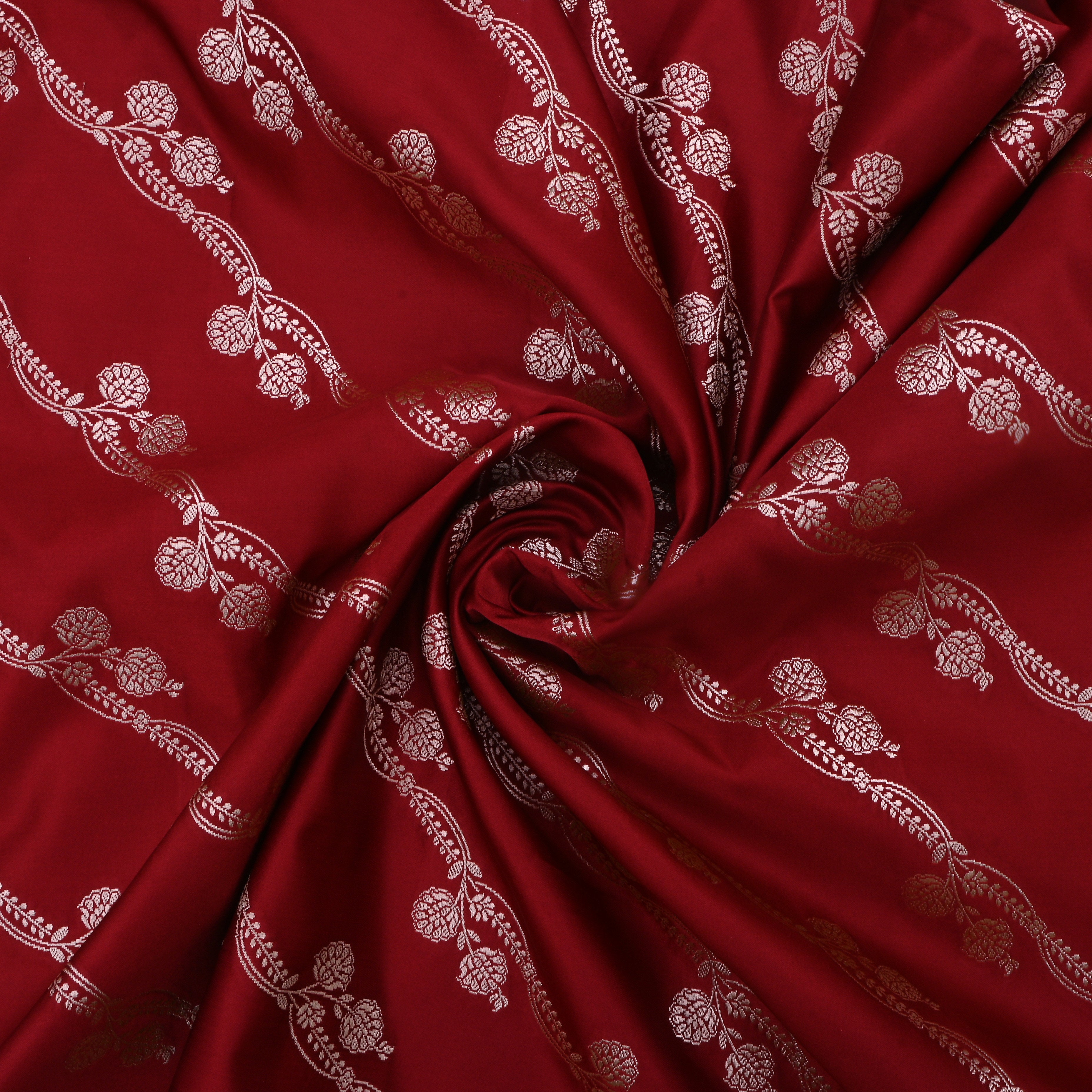 Maroon Jamawar Satin Fabric With Floral Stripes