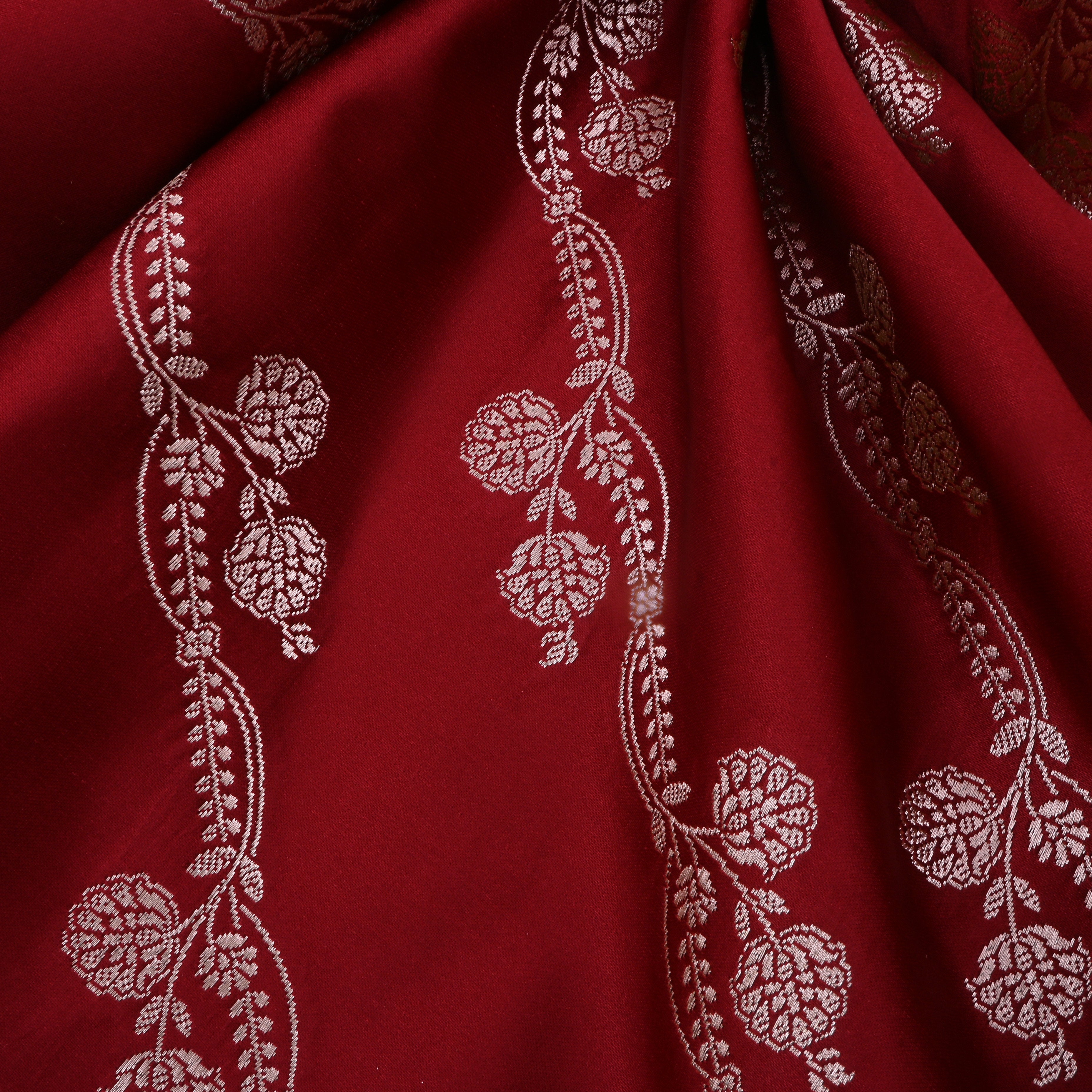 Maroon Jamawar Satin Fabric With Floral Stripes