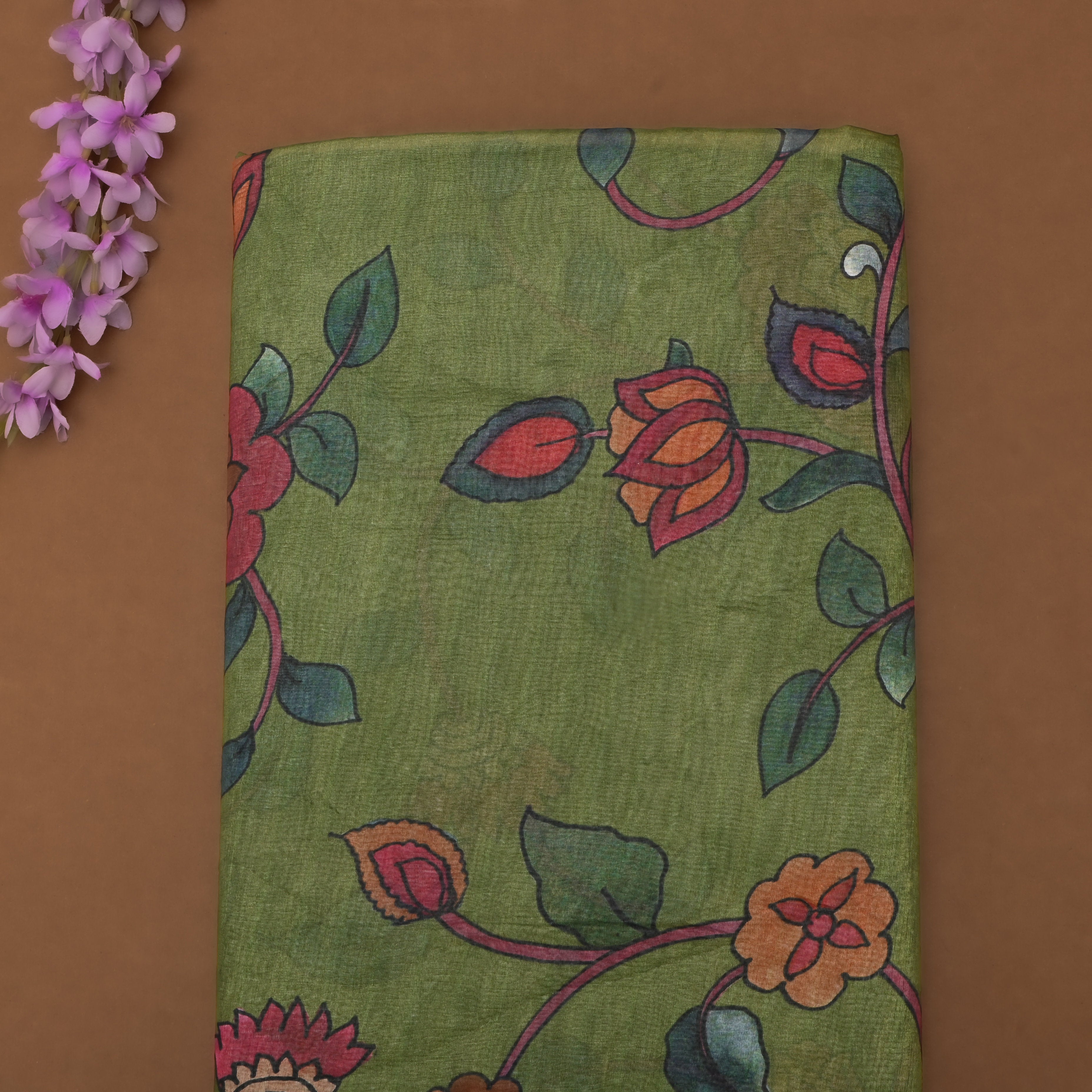Parrot Green Floral Jaal Tissue Fabric