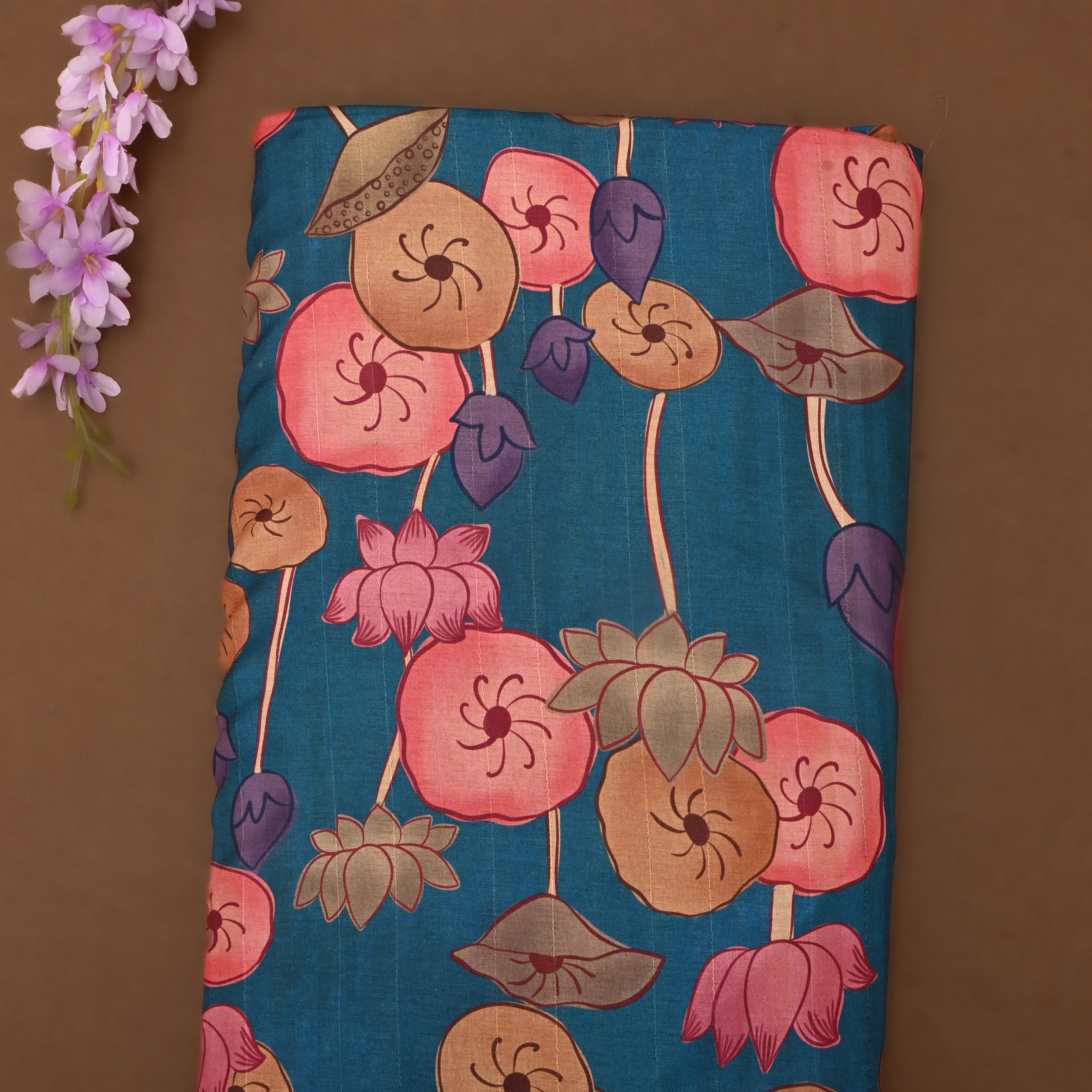 Lapis Blue Floral Printed Tussar Fabric