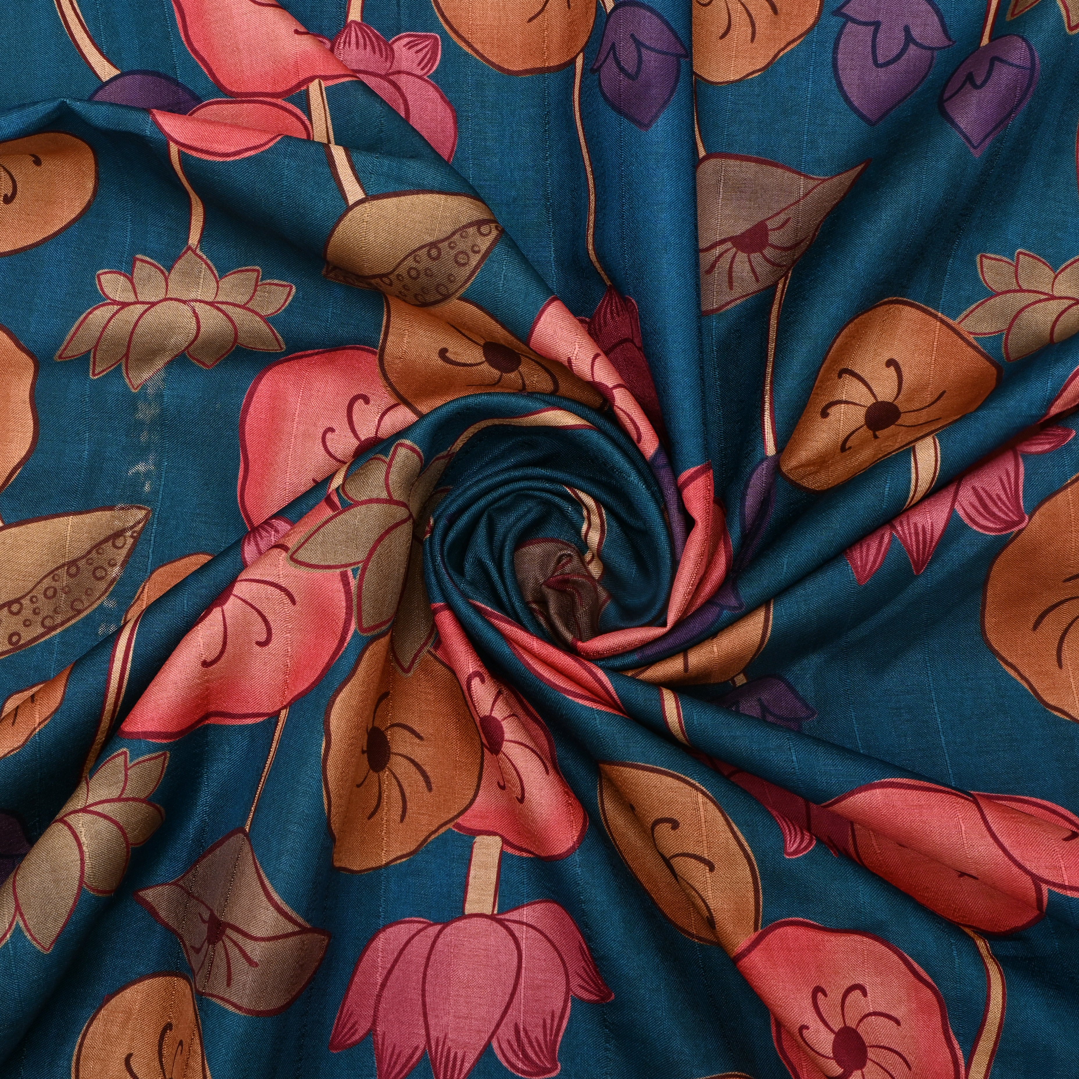 Lapis Blue Floral Printed Tussar Fabric