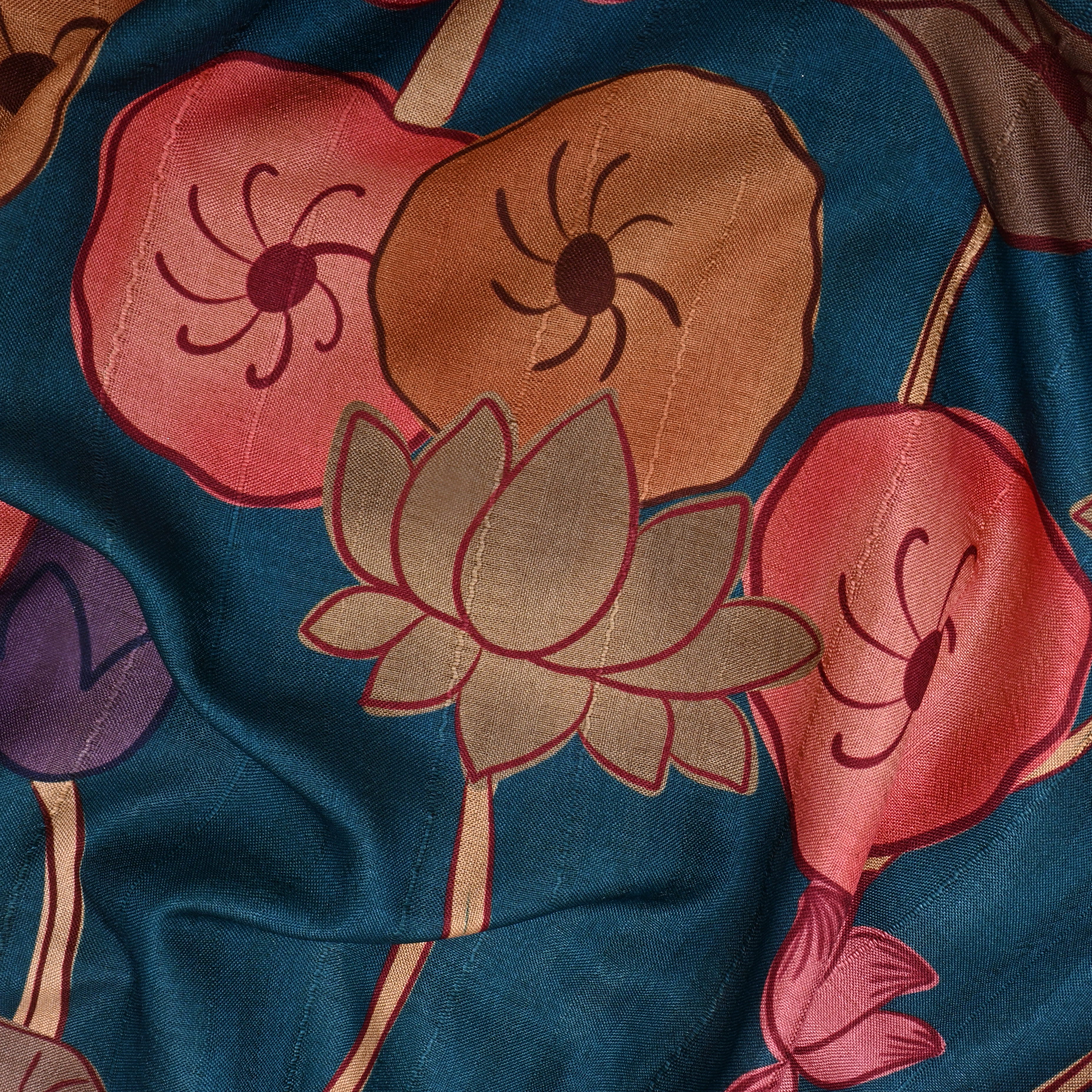 Lapis Blue Floral Printed Tussar Fabric