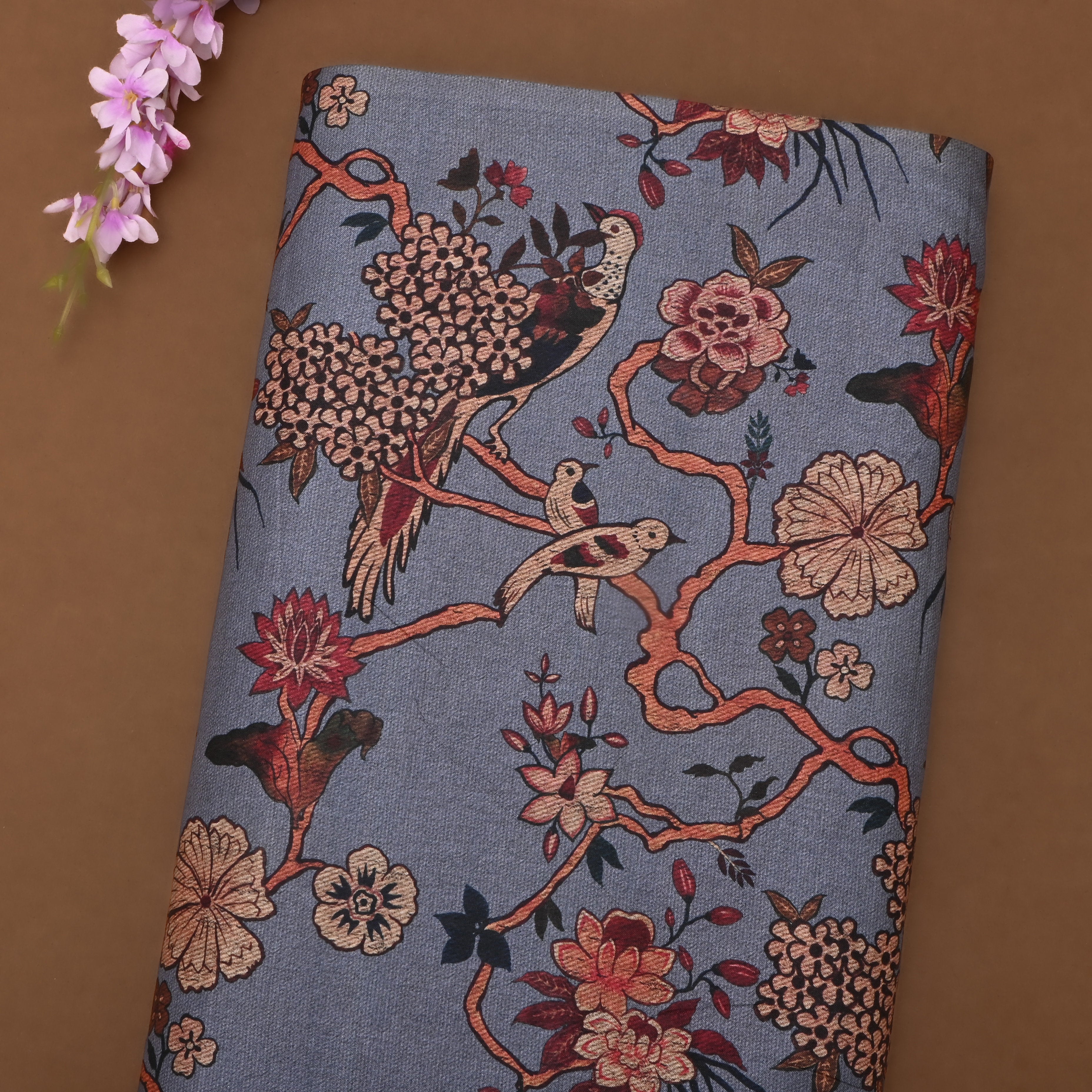 Cool Gray Tussar Fabric With Digital Prints