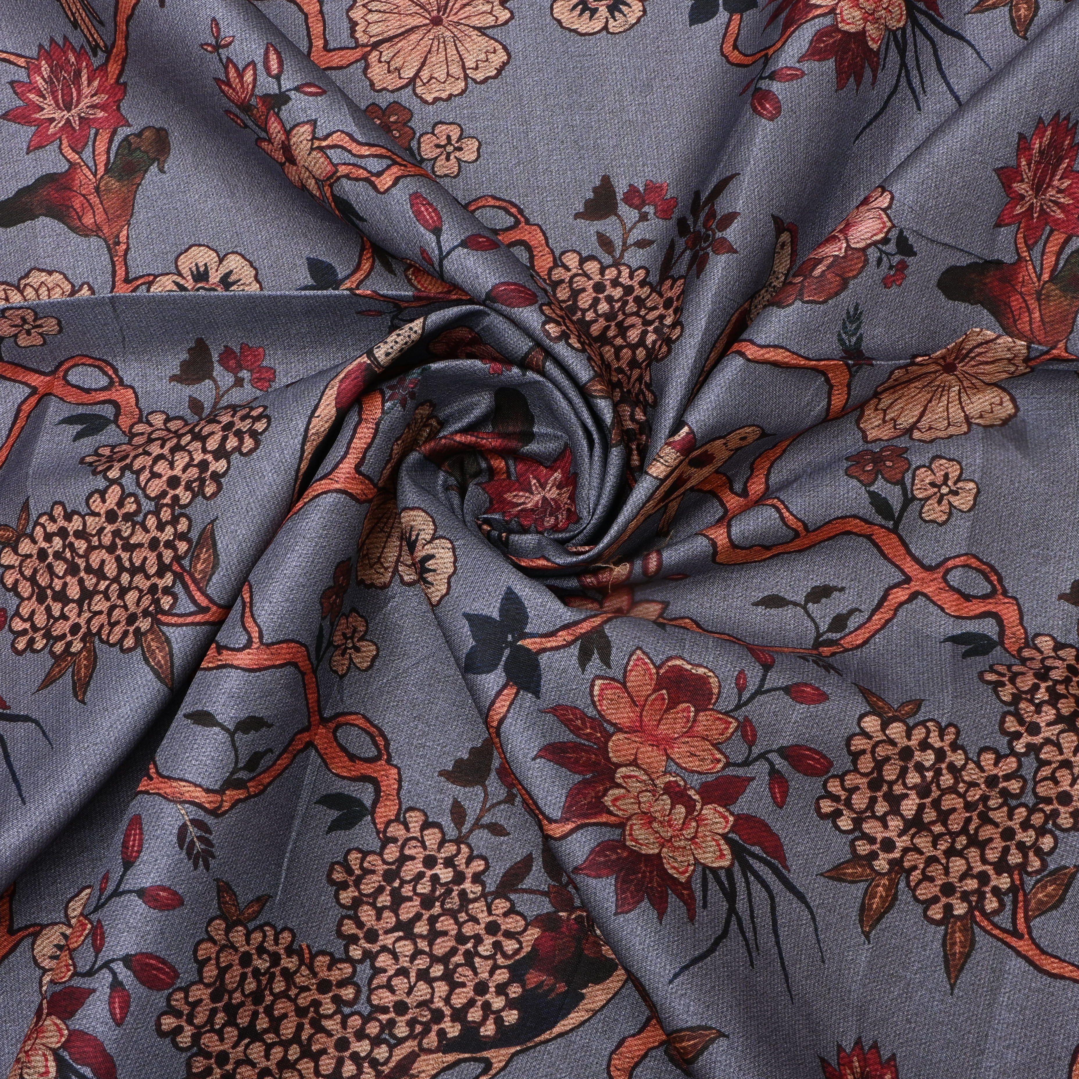 Cool Gray Tussar Fabric With Digital Prints