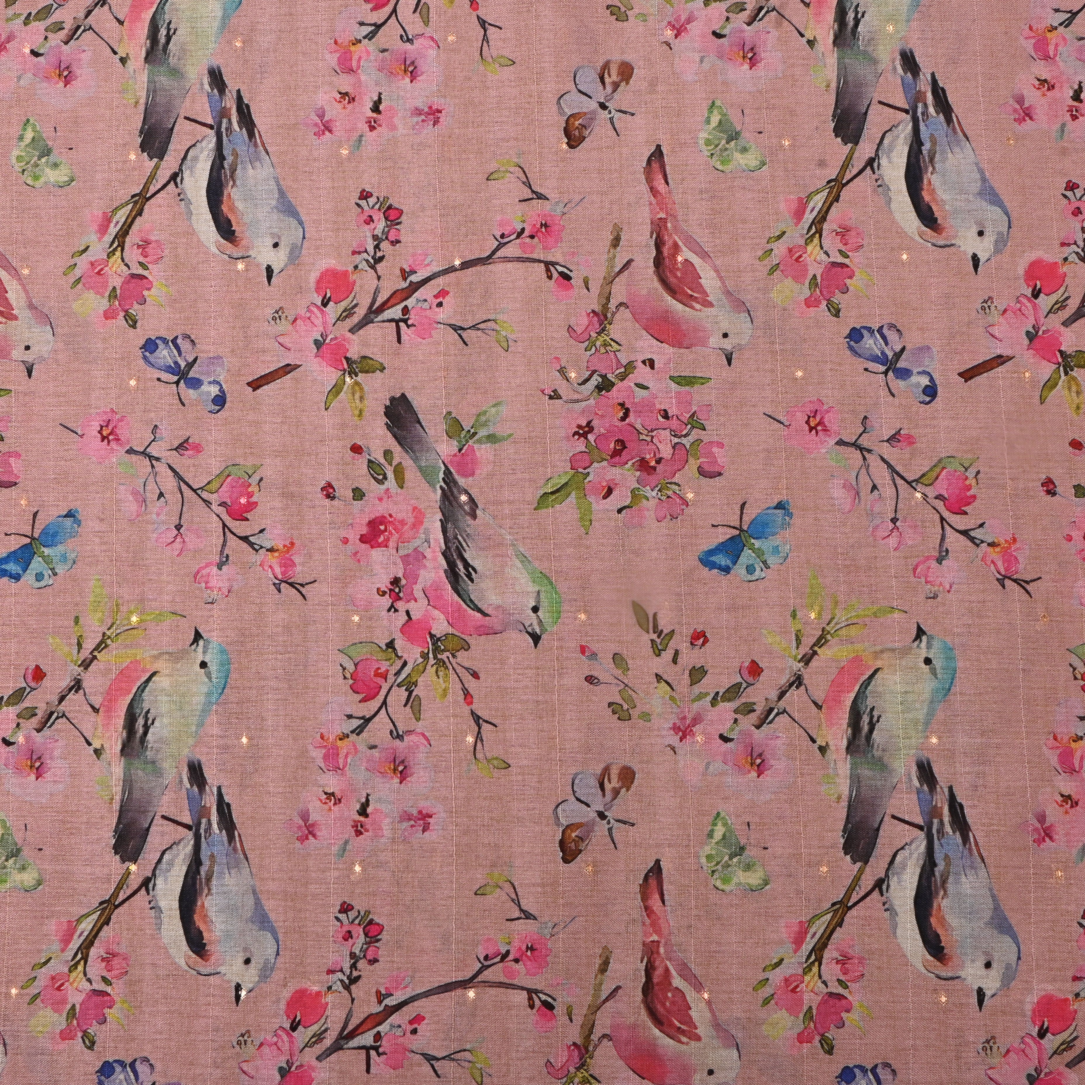 Slight Pink Tussar Fabric With Avian Prints