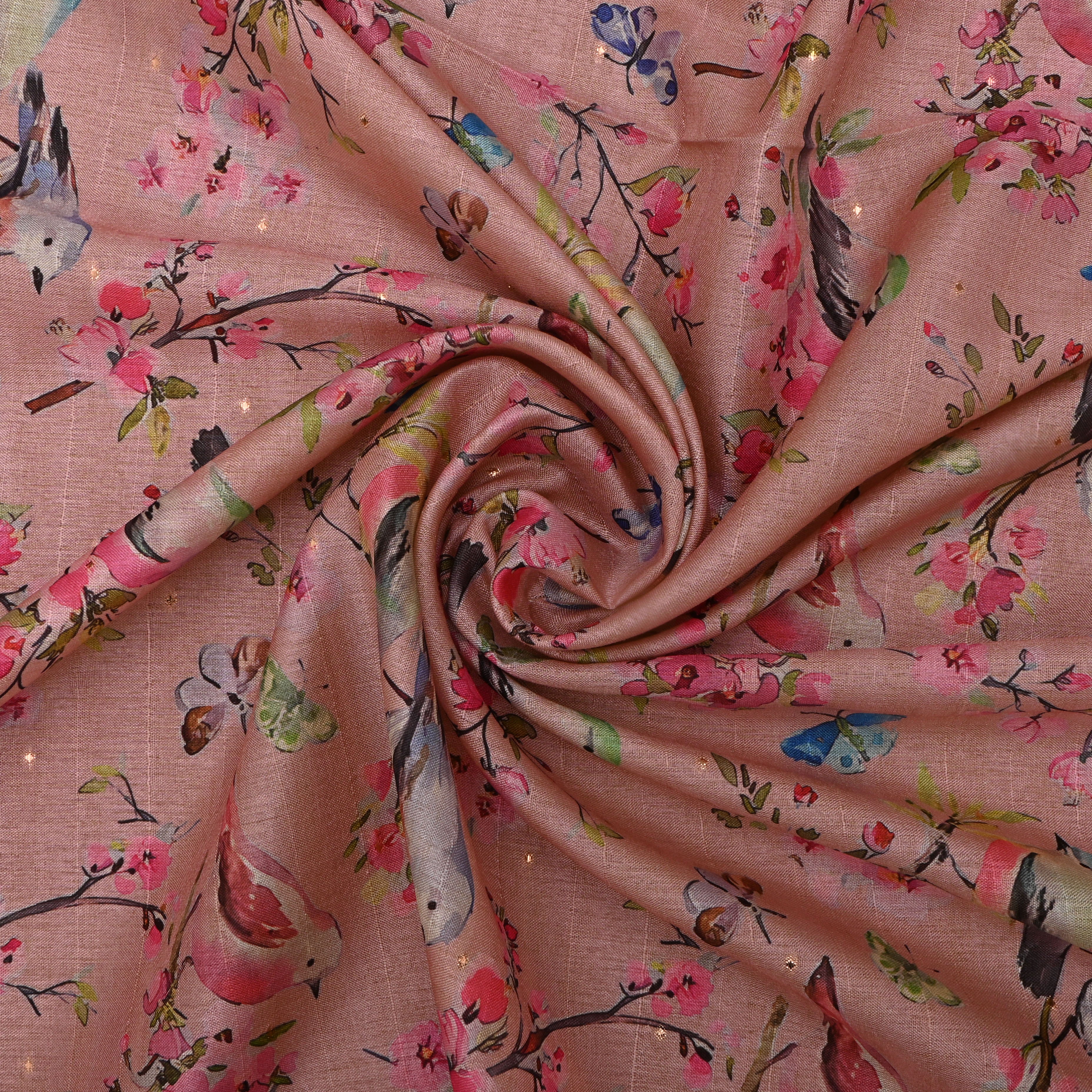 Slight Pink Tussar Fabric With Avian Prints