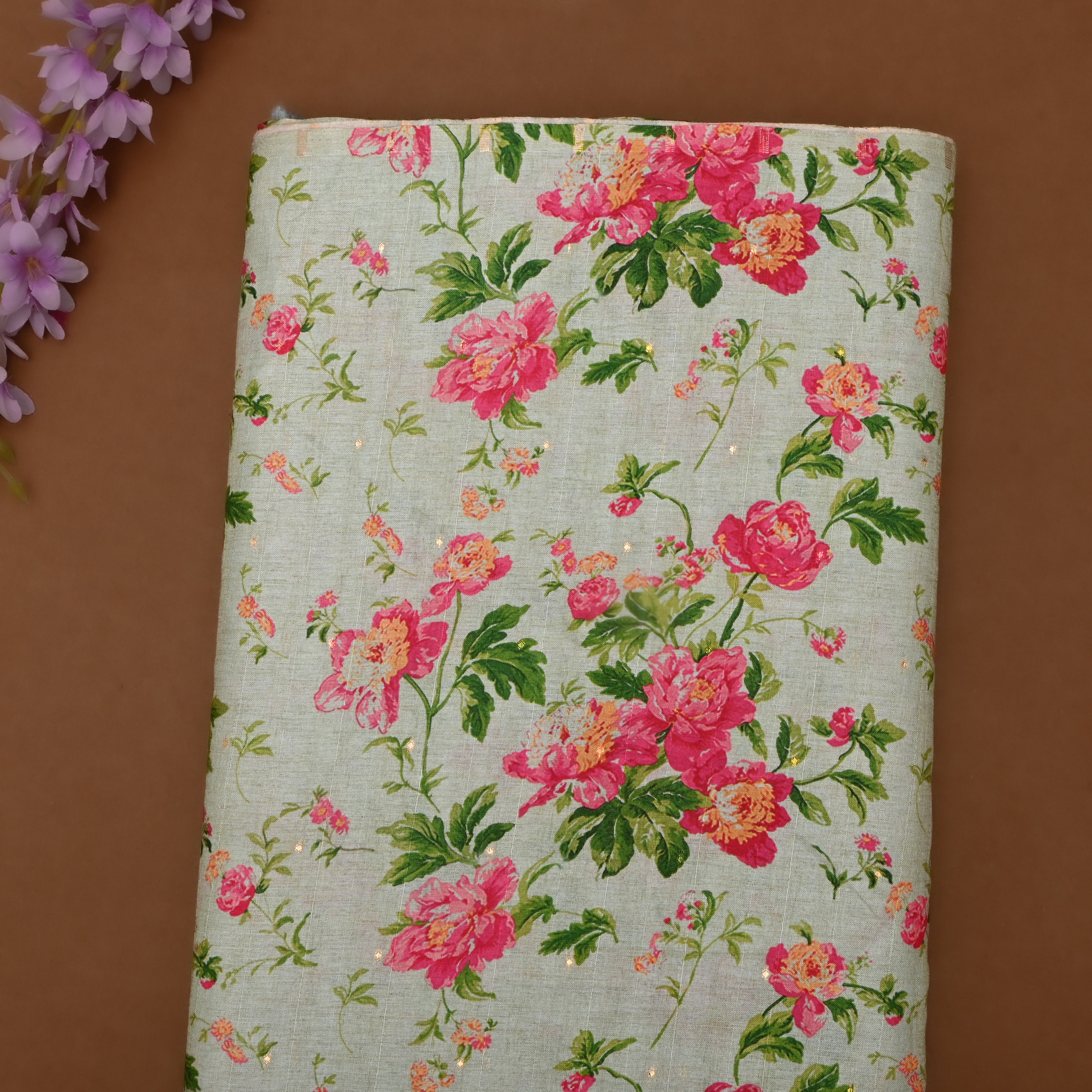 Mint Green Tussar Fabric With Floral Prints