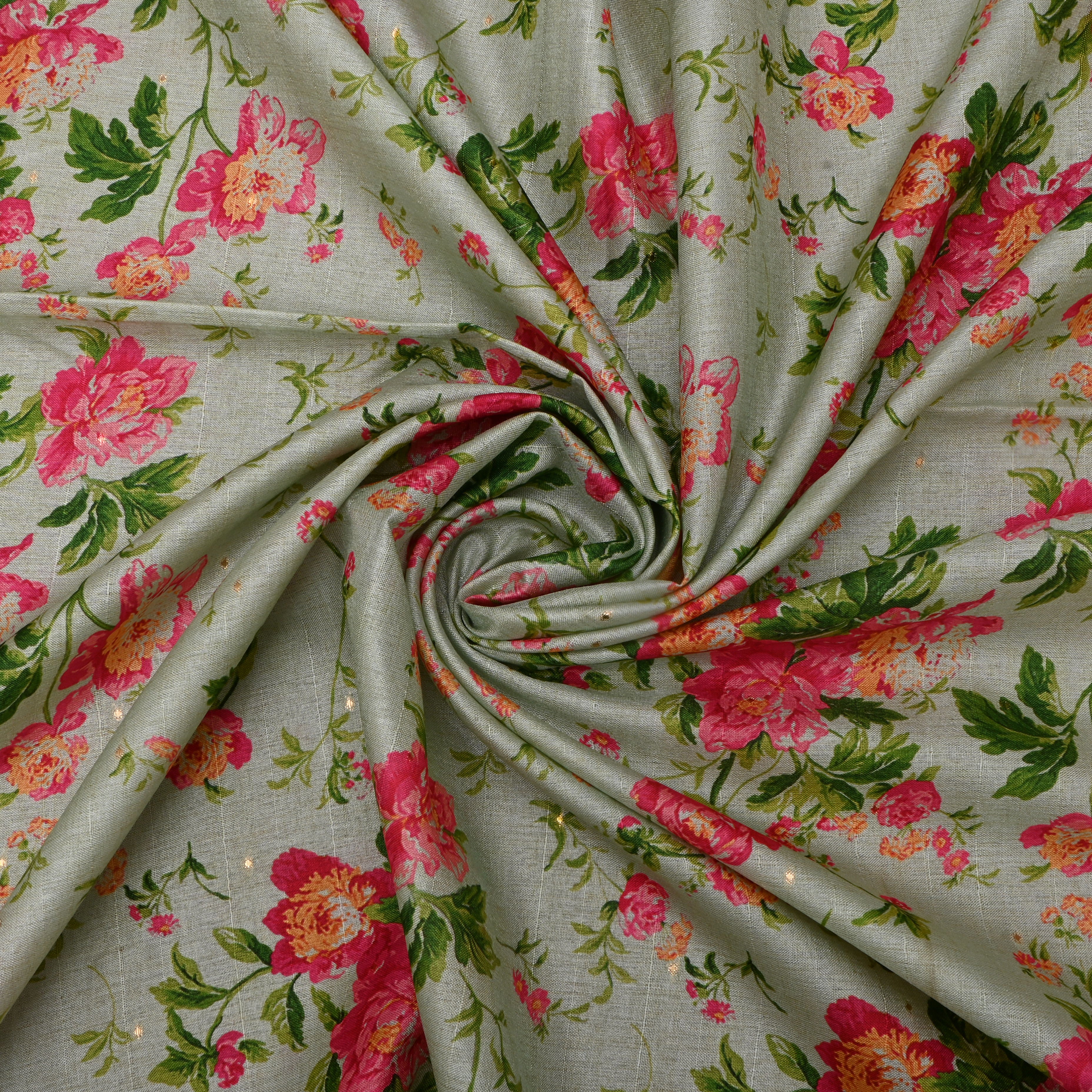 Mint Green Tussar Fabric With Floral Prints